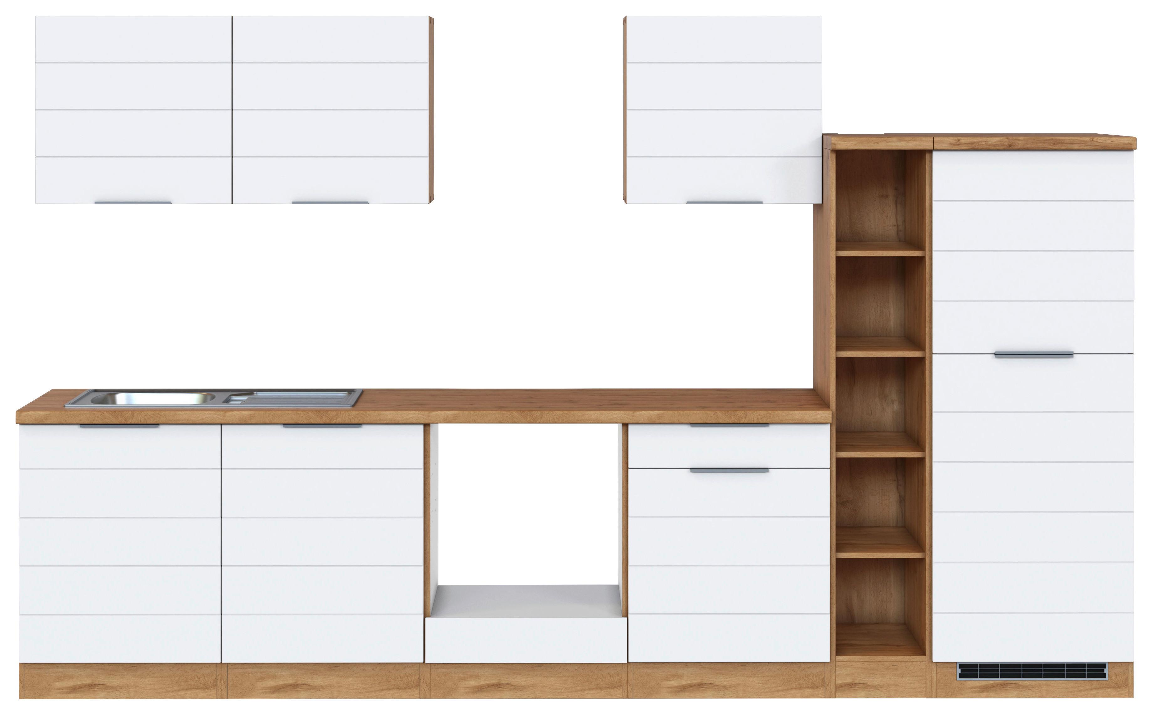 Küchenblock Florenz ohne Geräte ca. 330 cm Weiß/Eiche - Eiche Wotan/Weiß, Design, Holzwerkstoff/Metall (330cm) - Held