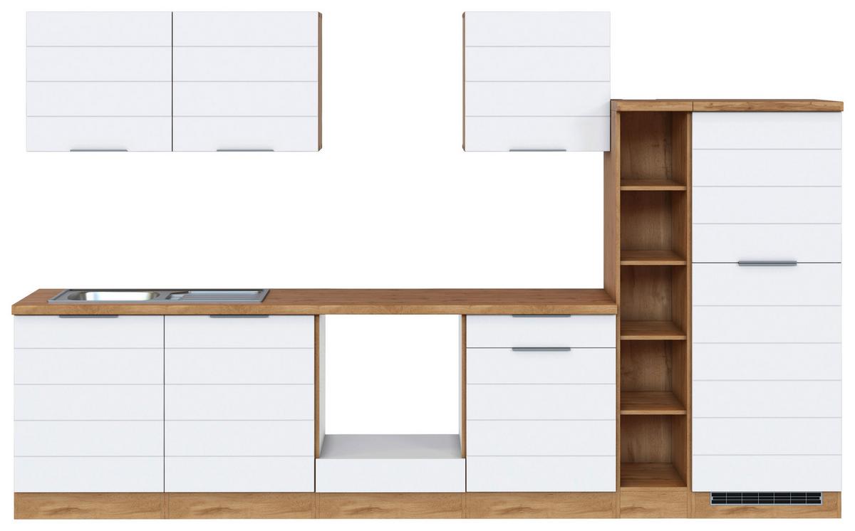 Küchenblock Florenz ohne Geräte ca. 330 cm Weiß/Eiche - Eiche Wotan/Weiß, Design, Holzwerkstoff/Metall (330cm) - Held
