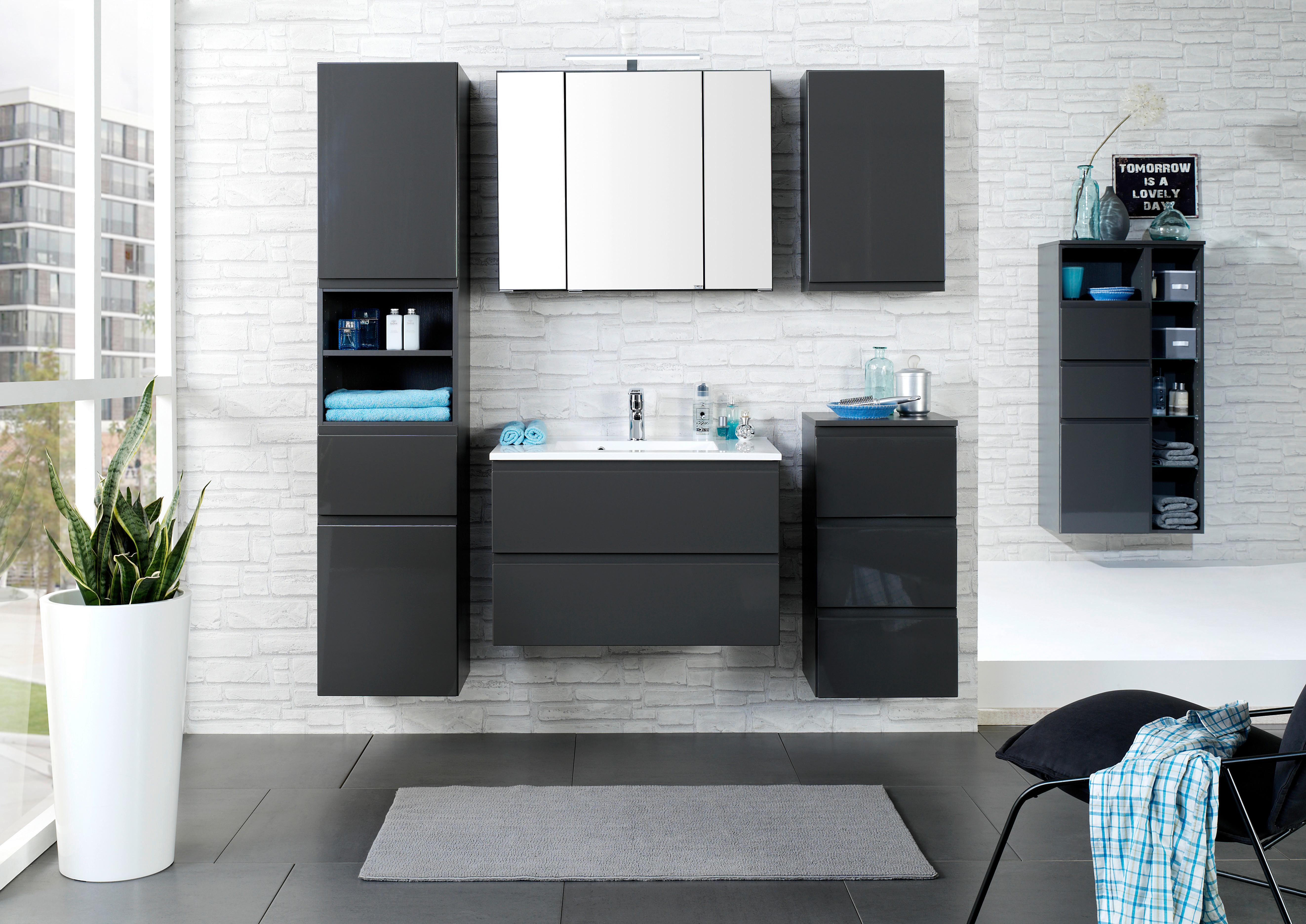 Badezimmer Cardiffin ca. 100 cm Grau mit LED - Weiß/Grau, Design, Holzwerkstoff/Stein (100cm) - Held