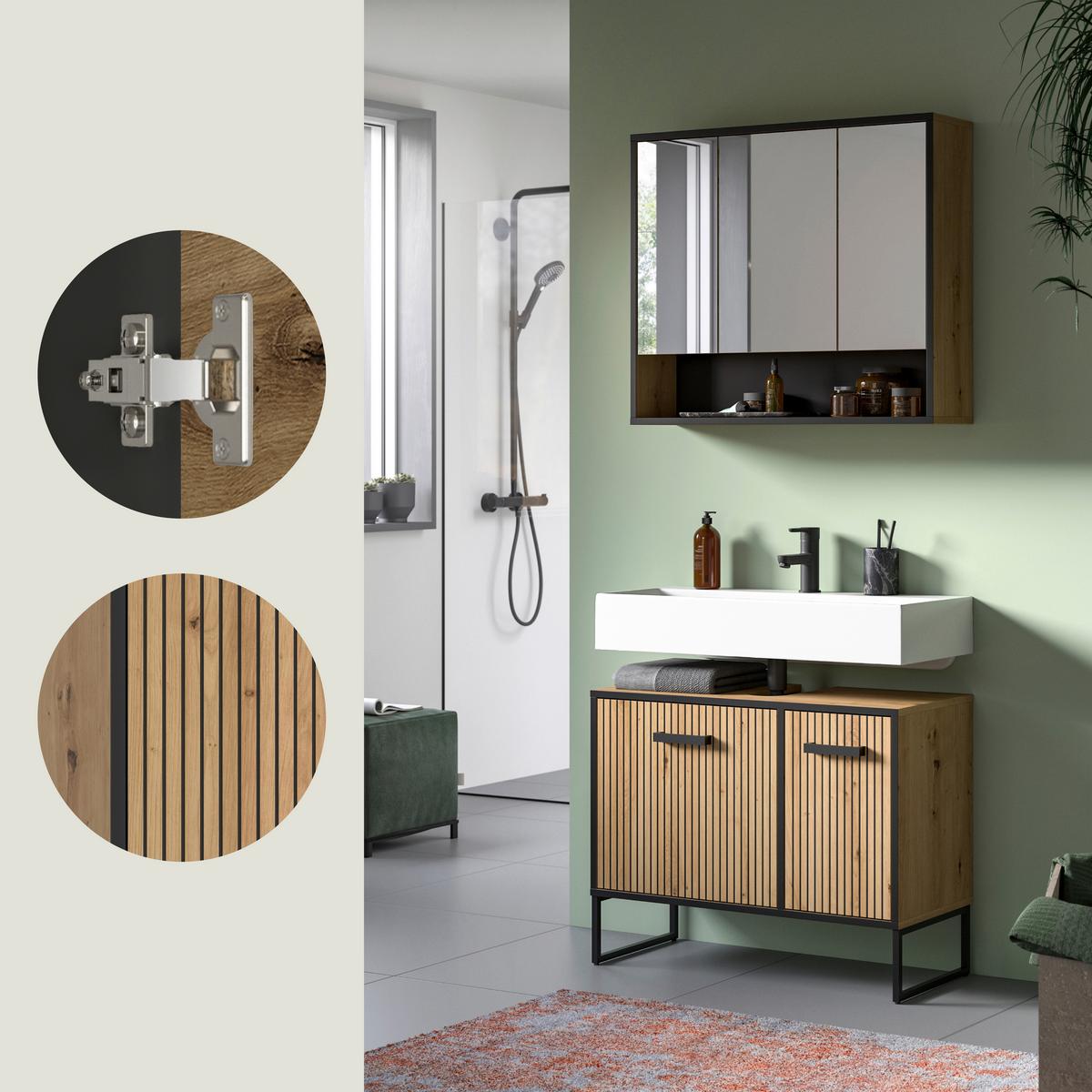 Badezimmer Bagno 2-tlg. Eiche Artisan/Schwarz - Schwarz/Eiche Artisan, Trend, Holzwerkstoff/Kunststoff (80cm) - MID.YOU