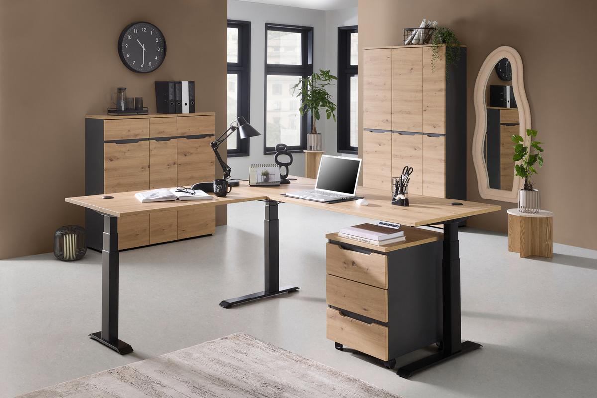 Eckschreibtisch Memphis In Eiche Artisan/graphitfarben - Graphitfarben/Eiche Artisan, Modern, Holzwerkstoff/Metall (185/77/64-129cm) - Premium Living
