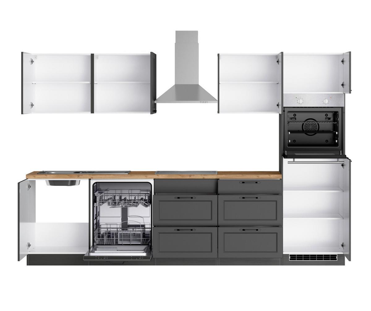 Küchenzeile Meran mit Geräten ca. 300 cm Grau/Eiche Dekor - Eiche Wotan/Schwarz, LIFESTYLE, Holzwerkstoff/Metall (300cm) - Held