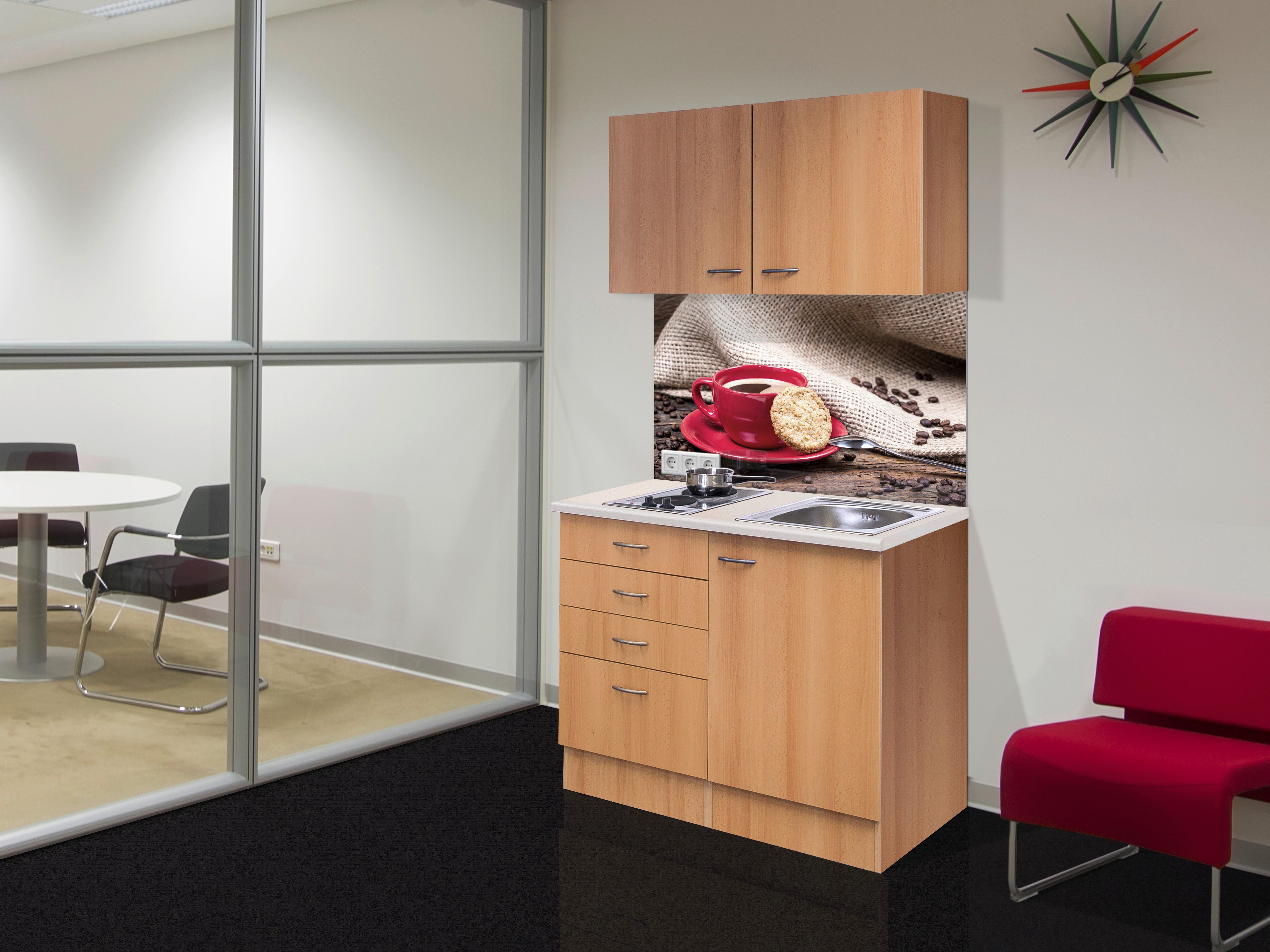 Miniküche Nano mit Geräten ca. 100 cm Buchefarben - Edelstahlfarben/Beige, MODERN, Holzwerkstoff/Kunststoff (100cm) - FlexWell