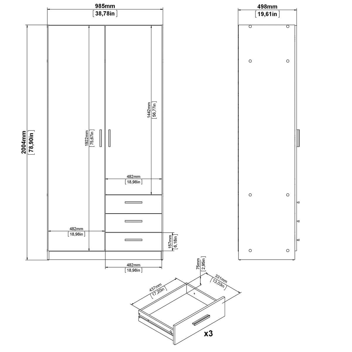 Omara Za Oblačila Sprint, Bela - črna/bela, Basics, kovina/leseni material (98,5/200,4/49,8cm) - MID.YOU