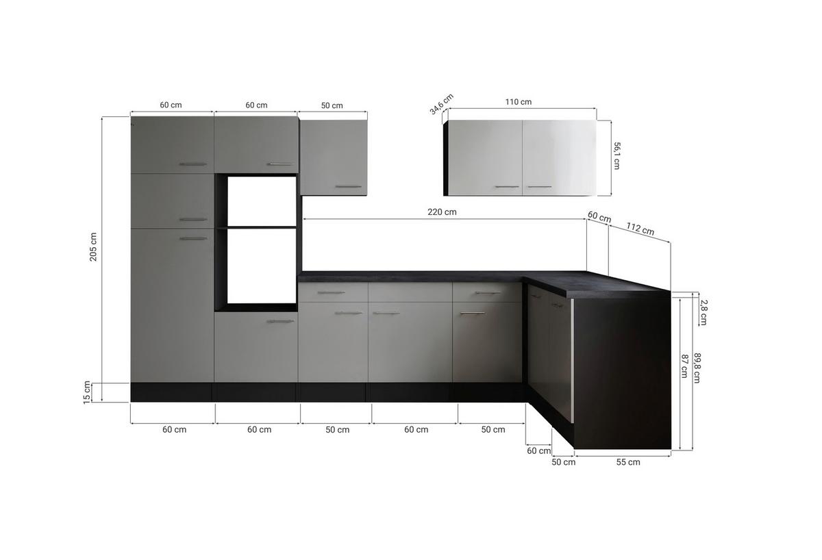Kotna Kuhinja Brez Aparatov Oliver, 340x172cm - črna/siva, Design, kovina/leseni material (340/172cm) - Respekta