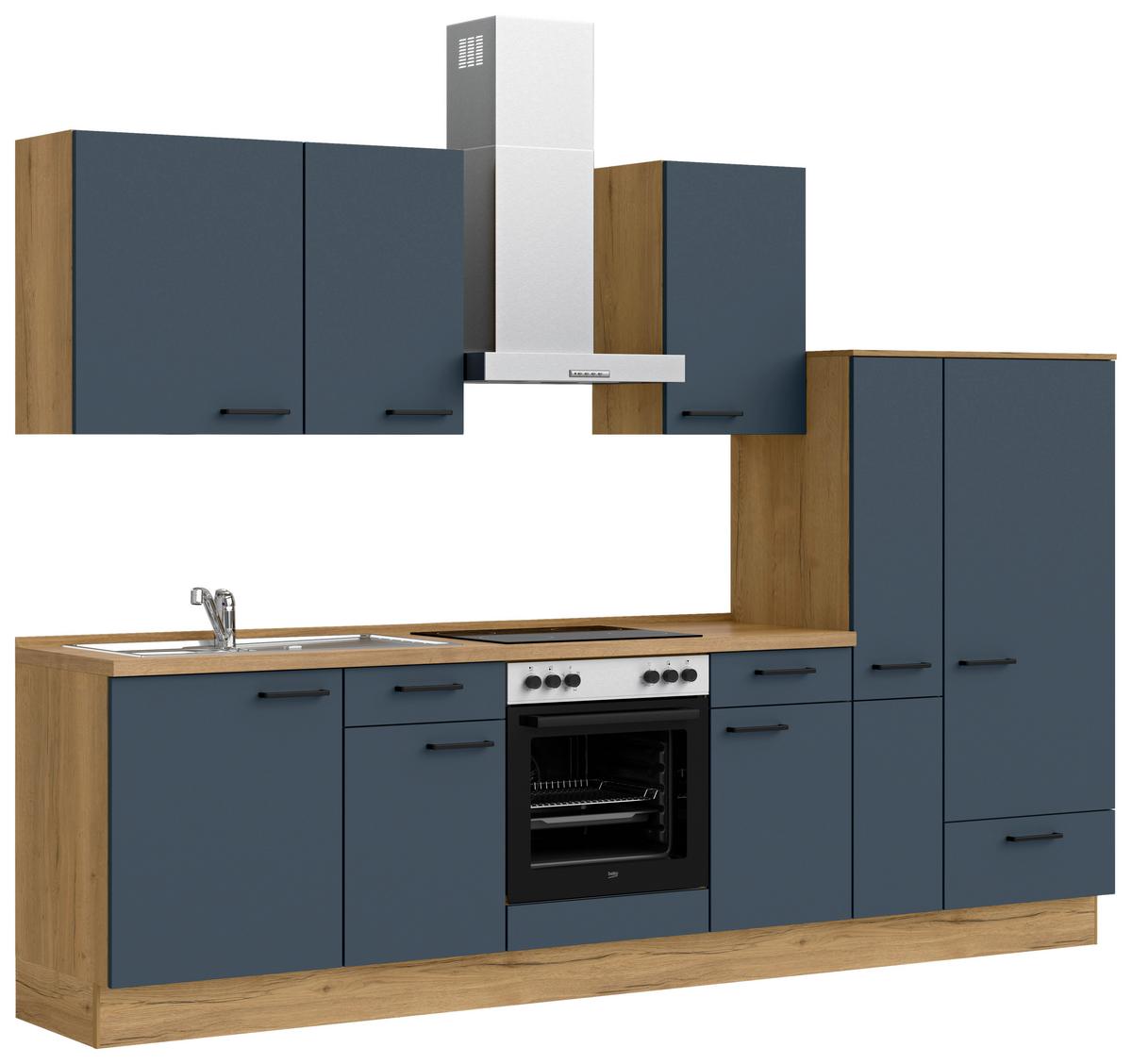 Küchenblock Easytouch Low m. Geräten Blau - Blau/Eichefarben, MODERN, Holzwerkstoff/Metall (300cm) - Nobilia