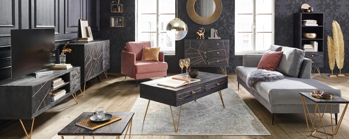 REGAŁ FIN   -AMBIA HOME- - czarny/kolor złoty, Trend, metal/drewno (55/153/43cm) - Ambia Home
