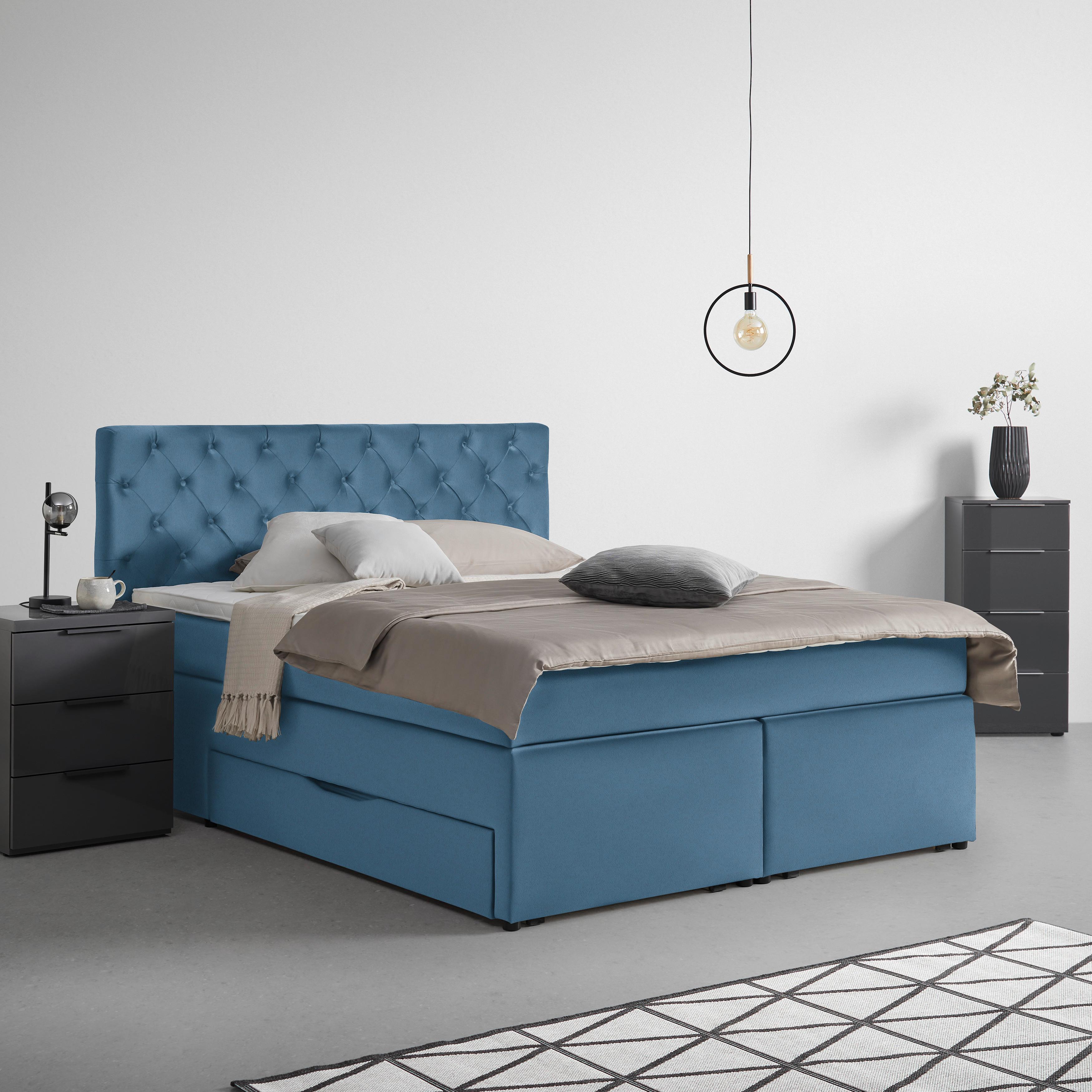 Boxspringbett Chester Blau ca. 160x200cm - Blau/Schwarz, Holzwerkstoff/Kunststoff (160/200cm) - Mömax
