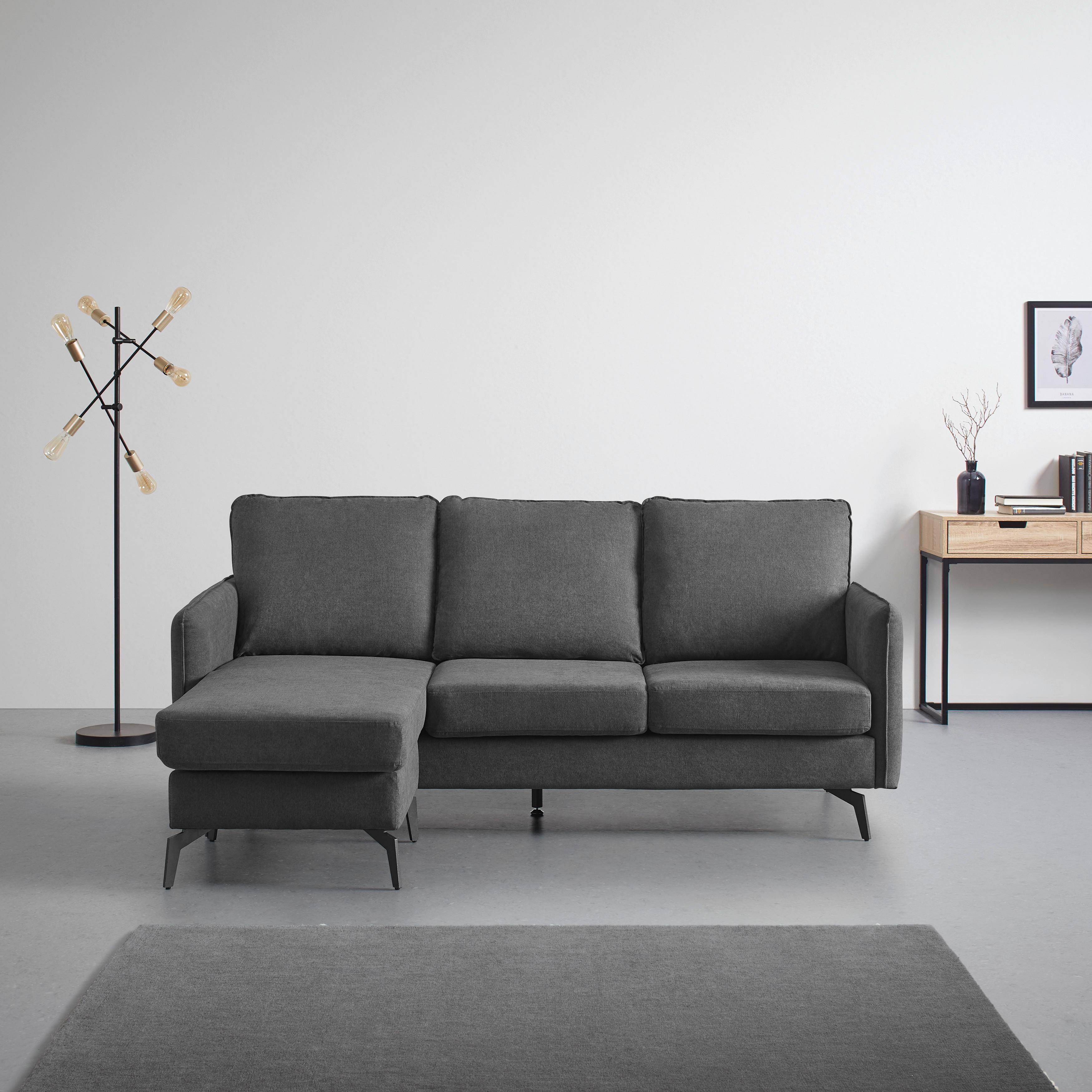 Ecksofa AURORA dunkelgrau Metallfuss - Dunkelgrau/Schwarz, Modern, Holz/Textil (193/86/136cm) - Bessagi Home