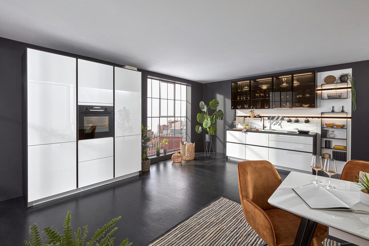 Einbauküche inkl. 3 E-Geräte Focus Line N - Weiß Hochglanz/Schwarz, MODERN, Holzwerkstoff (187/212cm) - Nobilia