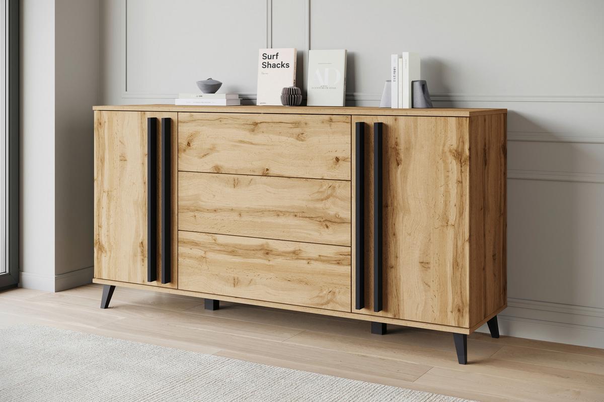 Sideboard Helsinki Eiche Wotan Dekor B: 150cm - Eiche Wotan/Schwarz, Trend, Holzwerkstoff/Kunststoff (150/77,8/39,5cm) - P & B