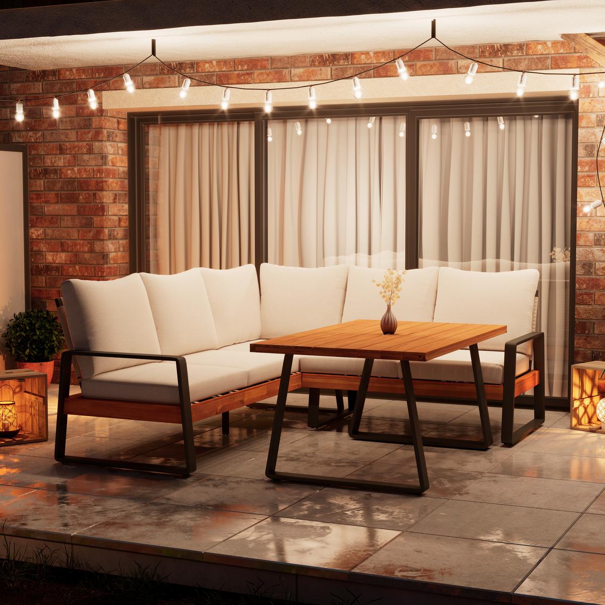 Dining-Loungeset Alexa Holz Outdoorstoff/Metall +Abdeckung - Anthrazit/Creme, MODERN, Holz/Textil (208,5/81/85,5cm) - Bessagi Garden