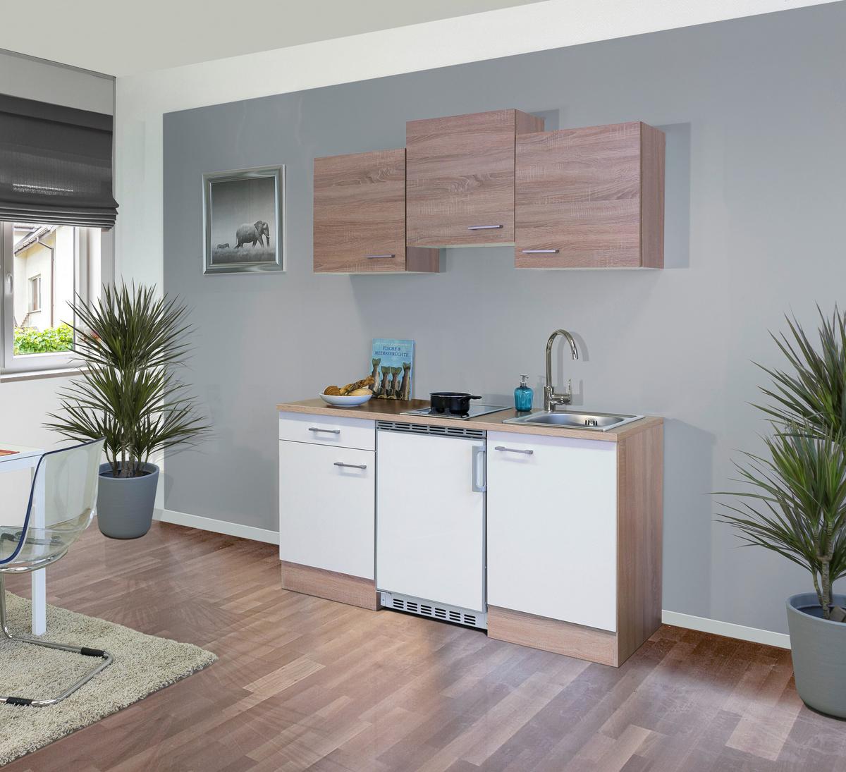 Miniküche Samoa Weiß/Eichefarben - Alufarben/Weiß, MODERN, Holzwerkstoff/Kunststoff (150,5cm) - FlexWell