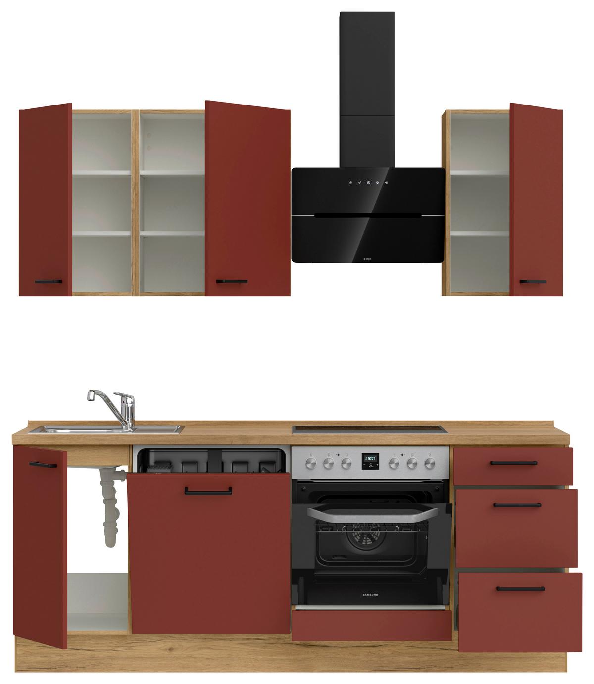 Küchenblock Easytouch High m. Geräten Dunkelrot - Eichefarben/Schwarz, MODERN, Holzwerkstoff/Metall (210cm) - Nobilia