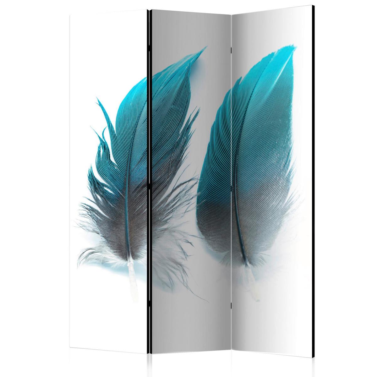 Paravan Blue Feathers, Dvostranski, 3-Delni - svetlo modra/bela, Basics, tekstil/les (135/172cm) - artgeist