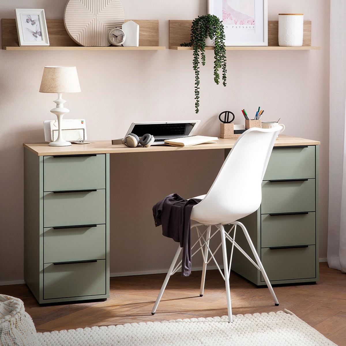 Schreibtisch Elma Eichefarben/Olivgrün - Eichefarben/Schwarz, MODERN, Holzwerkstoff/Metall (55,5/140/73,1cm) - MID.YOU