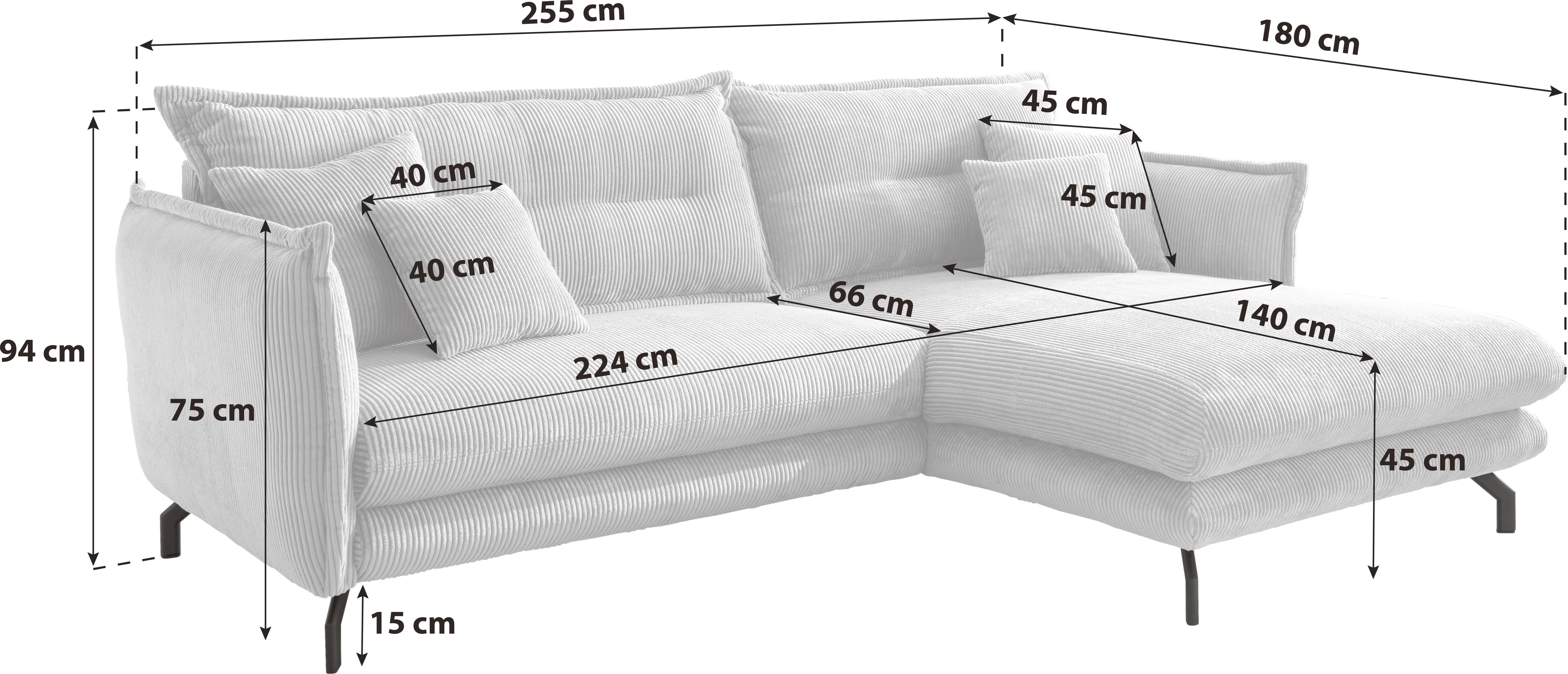 Wohnlandschaft Lava Grau Cord - Schwarz/Grau, MODERN, Textil/Metall (255/180cm) - Livetastic
