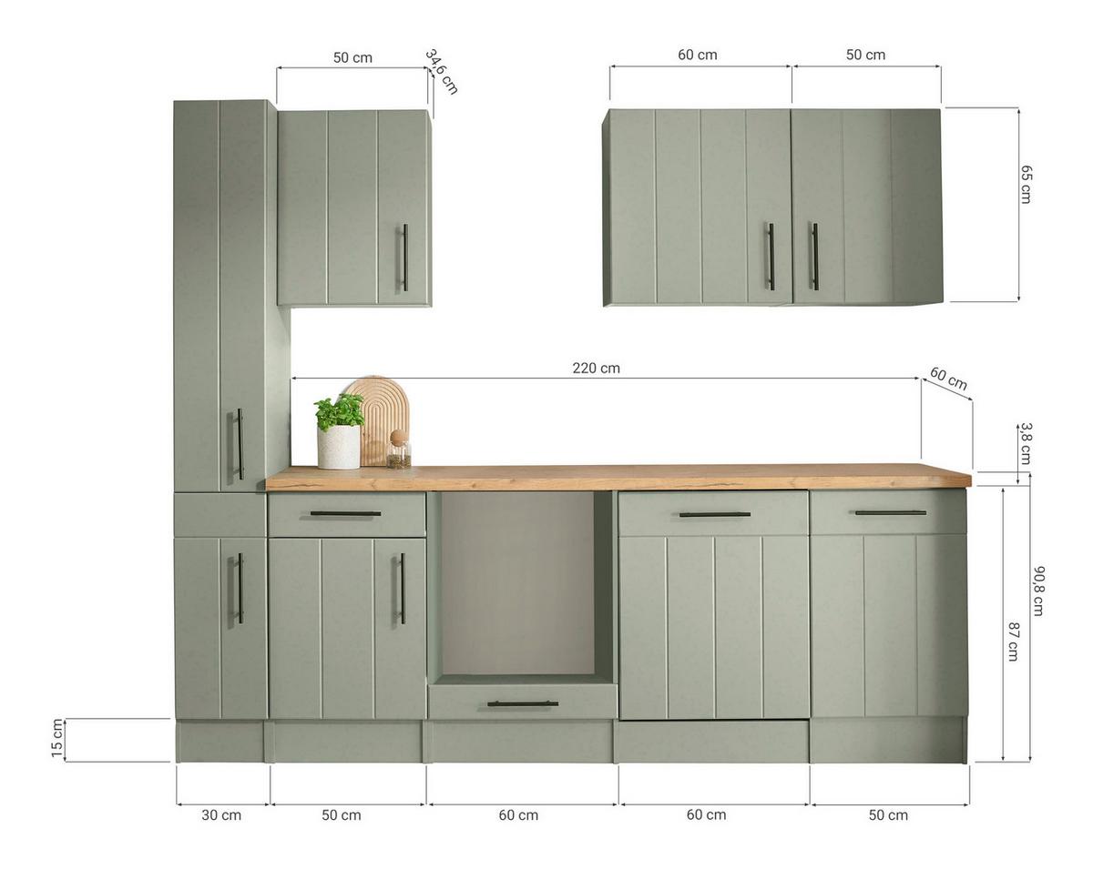 Küchenleerblock Anton o. Geräte Wildeiche/Schilfgrün - Schilfgrün/Wildeiche, Trend, Holzwerkstoff/Metall (250cm) - Respekta