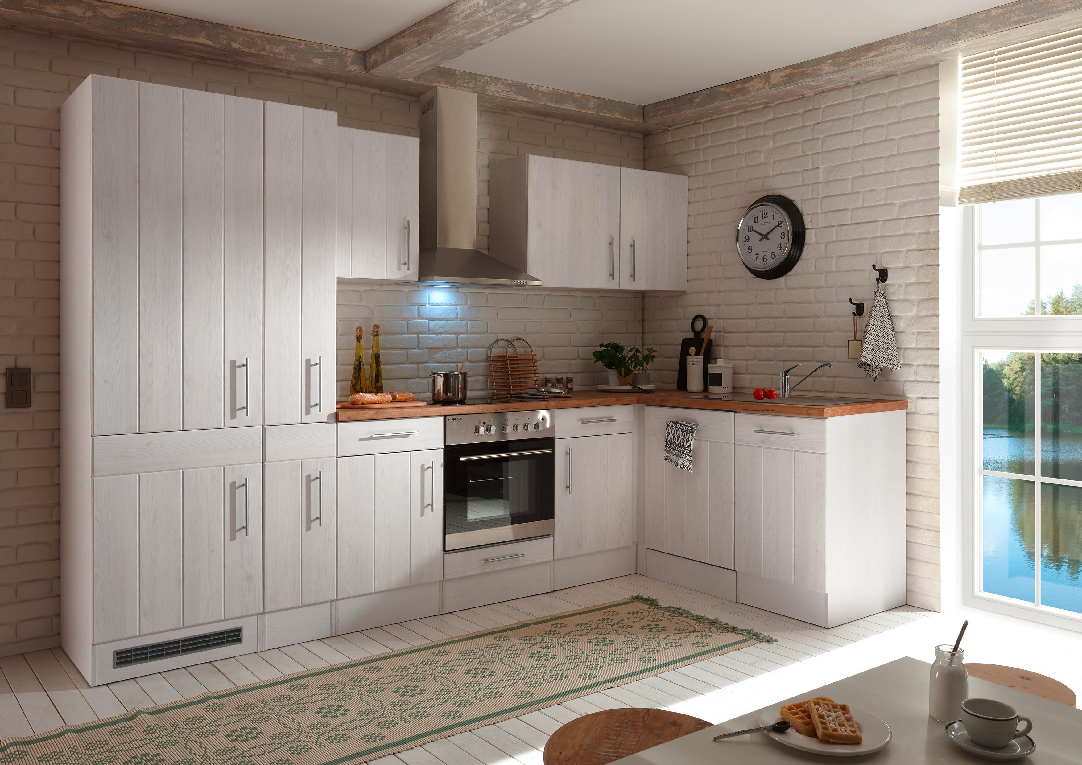 Eckküche Premium Lärche Weiß ca. 310x172 cm - Eichefarben/Weiß, ROMANTIK / LANDHAUS, Holzwerkstoff/Metall (310/172cm) - Respekta