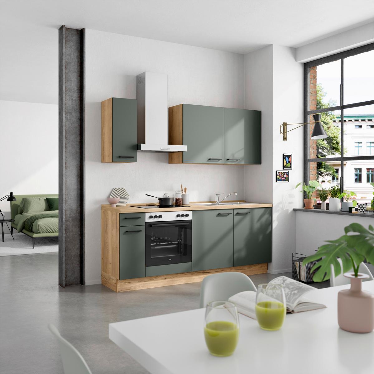 Küchenblock Easytouch Low m. Geräten Dunkelgrün - Dunkelgrün/Eichefarben, MODERN, Holzwerkstoff/Metall (210cm) - Nobilia