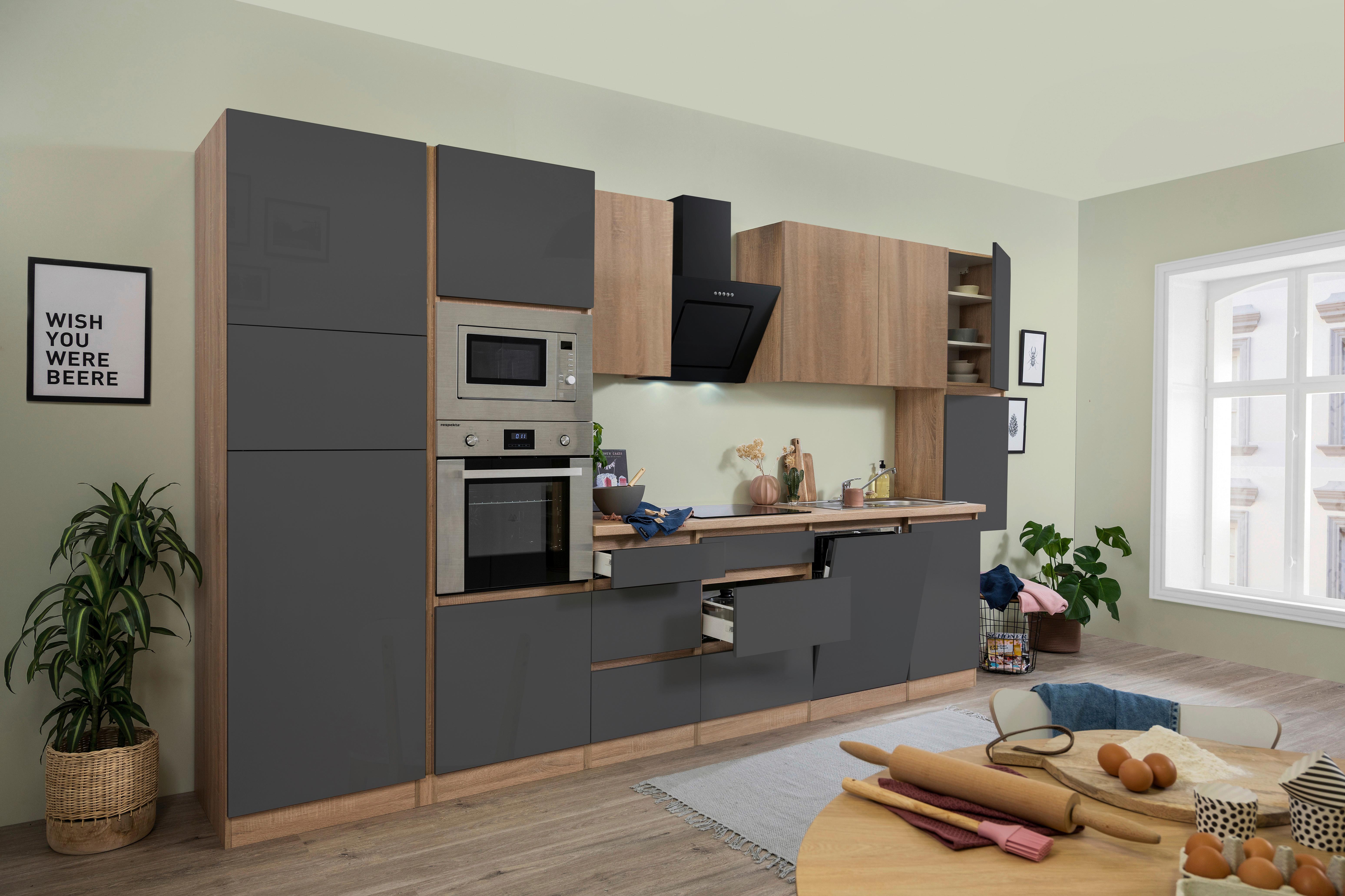 Küchenzeile Premium m. Geräte Grau/Eiche B: ca. 395 cm - Eichefarben/Grau, Basics, Holzwerkstoff (395cm) - Respekta