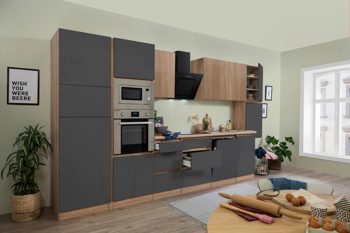 Küchenzeile Premium m. Geräte Grau/Eiche B: ca. 395 cm - Eichefarben/Grau, Basics, Holzwerkstoff (395cm) - Respekta