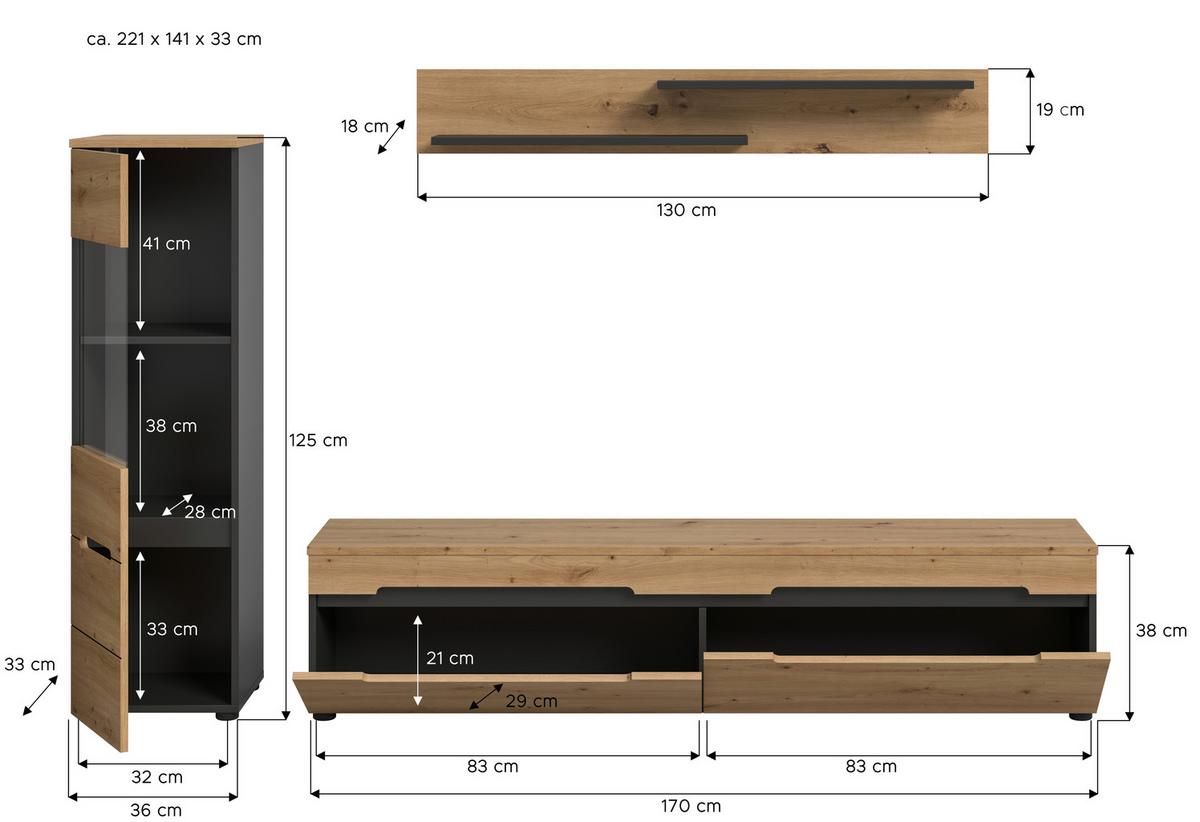 Dnevni Regal Canu, Siva,barva Hrasta, 3-Delni - črna/hrast artisan, Design, umetna masa/leseni material (221/141/33cm) - Livetastic