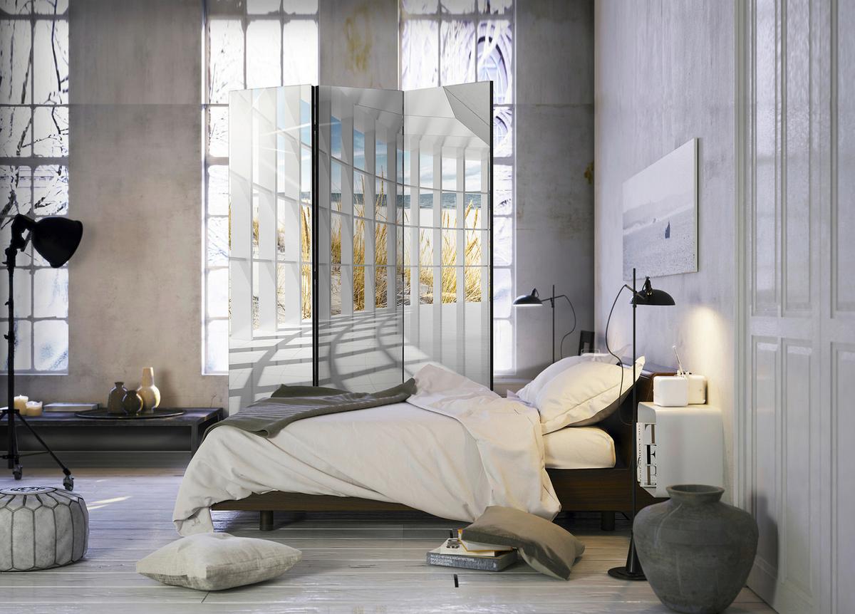 Paravan Seaside Bastion, 3-Delni, Dvostranski - bež/sivobela, Basics, tekstil/les (135/172/3cm) - artgeist