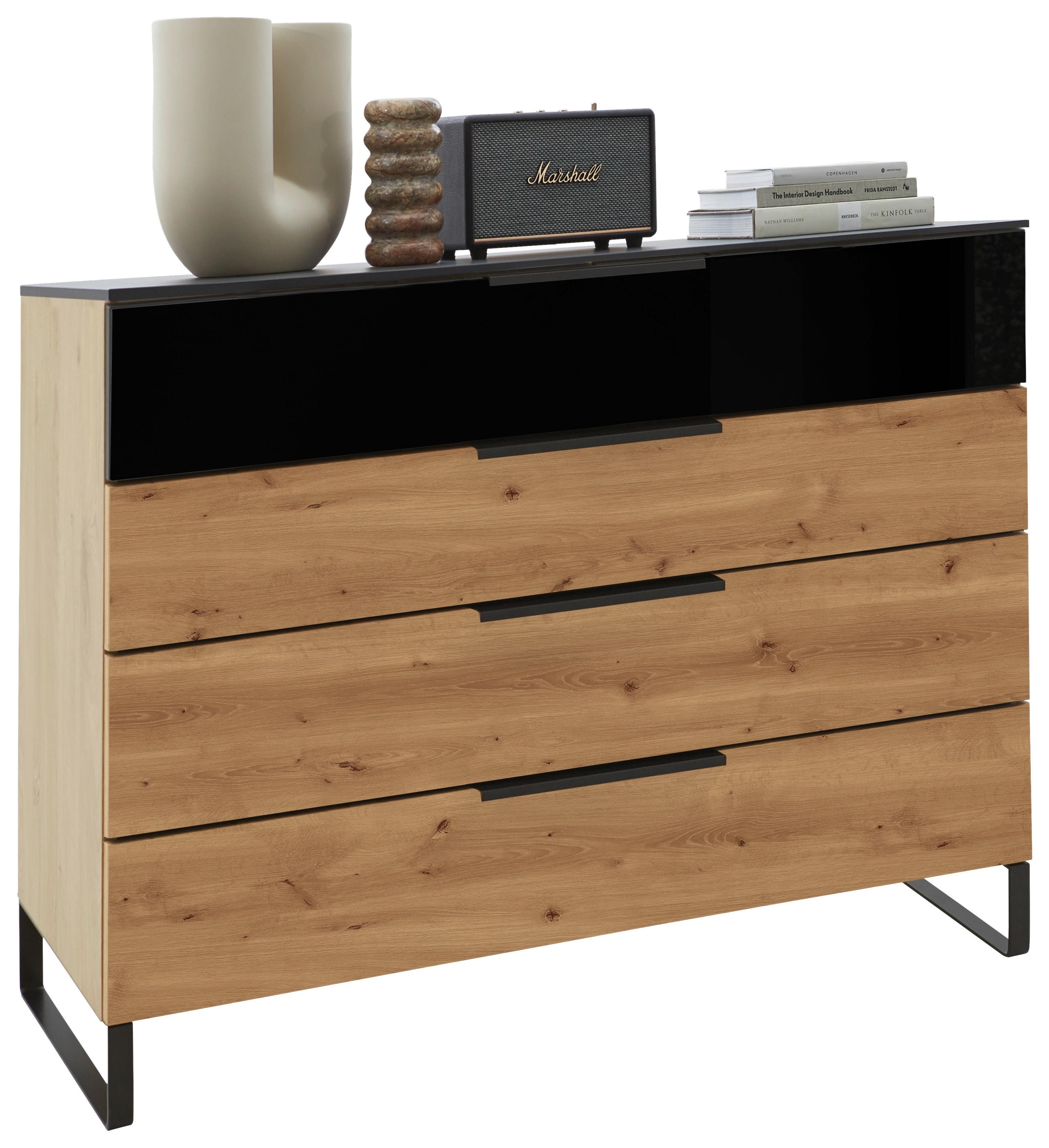 Komoda Mera, Barva Hrasta, Črna - črna/barve hrasta, Design, kovina/steklo (120/91/42cm) - Dieter Knoll