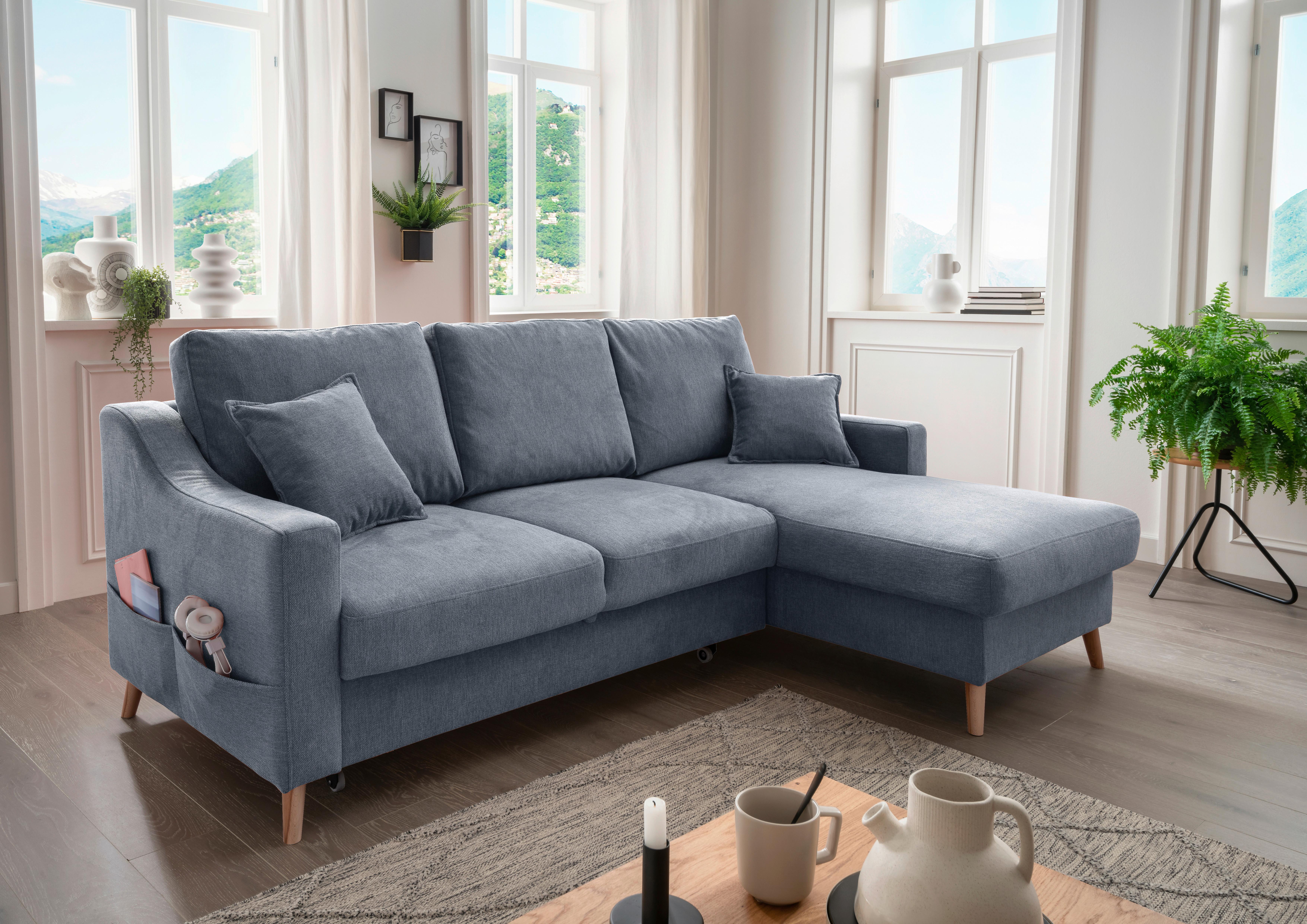 Wohnlandschaft Valentina Blau Struktur - Blau/Naturfarben, KONVENTIONELL, Holz/Textil (228/150cm) - P & B