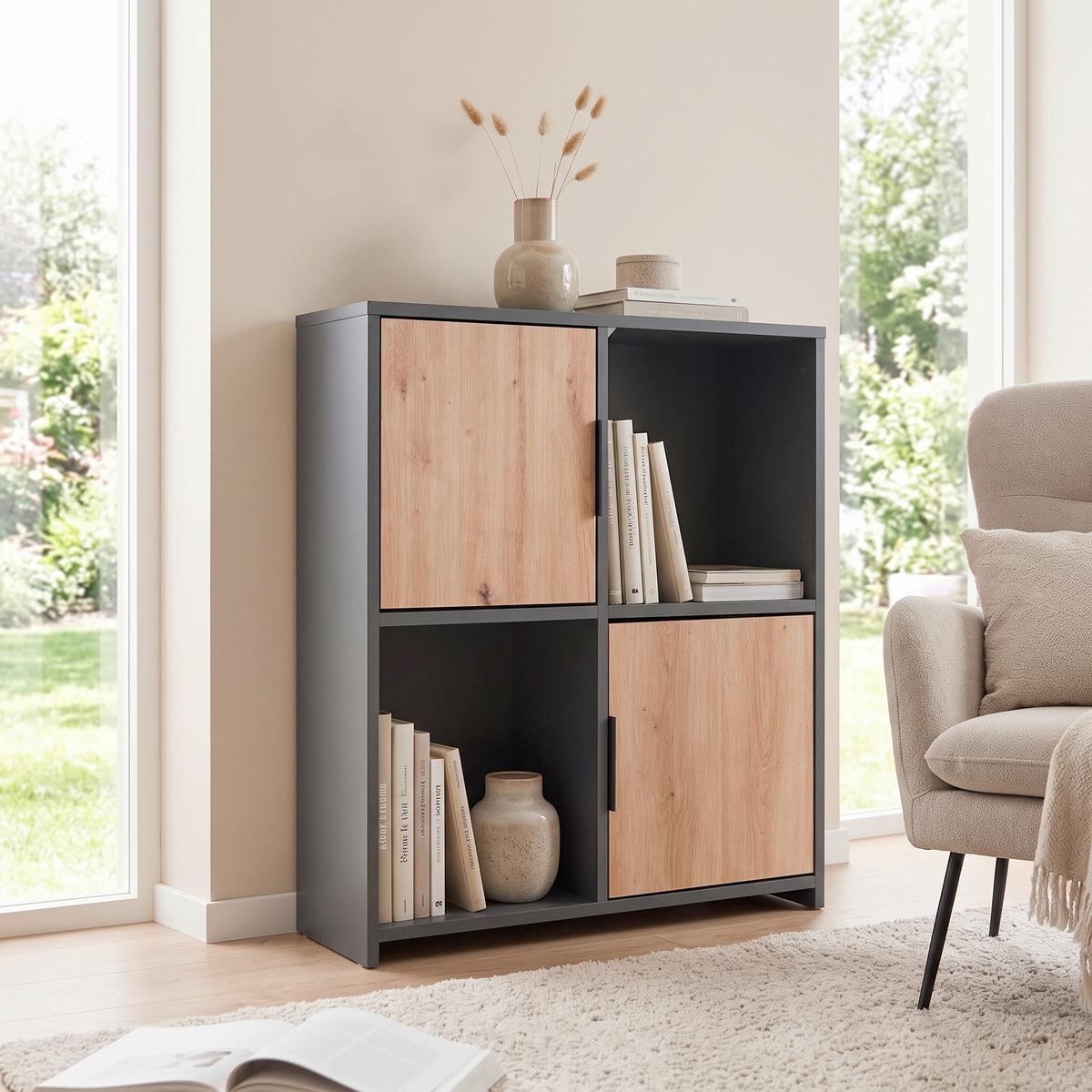 Regal Pepeto 2T ca. 77x77x30cm Anthrazit/Eiche - Anthrazit/Schwarz, Design, Holzwerkstoff/Metall (77/77/30cm) - Livetastic