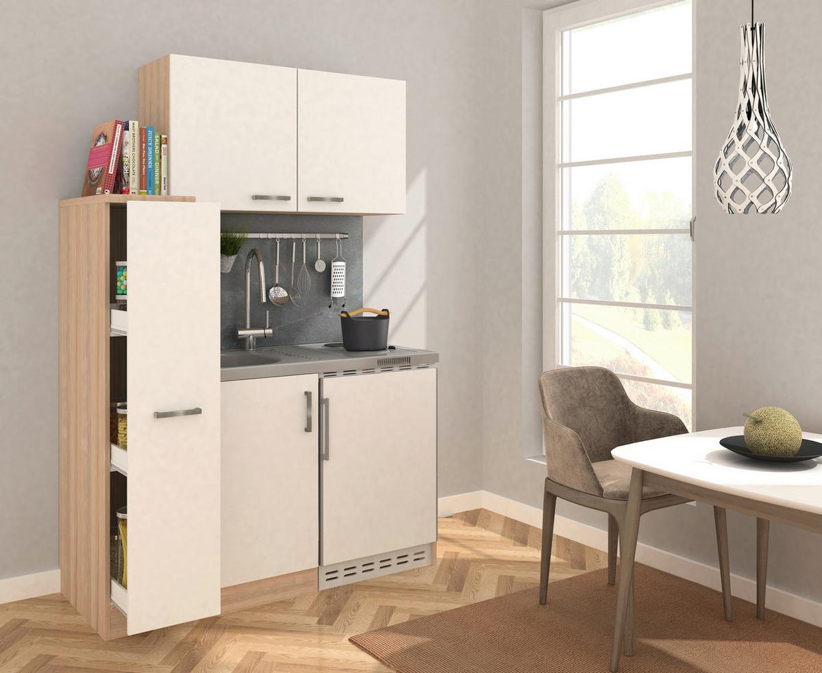Miniküche Weiß/Eiche m. Geräten B: ca. 130cm - Edelstahlfarben/Eichefarben, MODERN, Holzwerkstoff (130cm) - Respekta