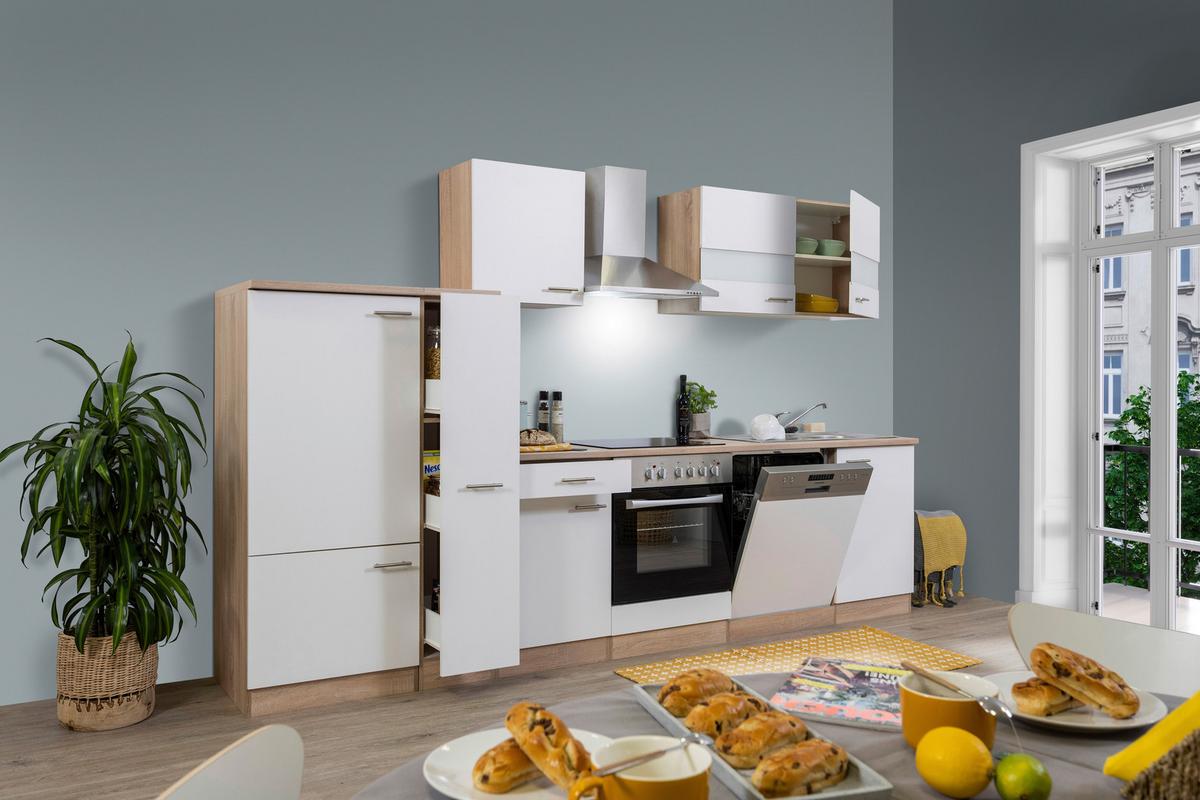 Küchenzeile Economy o. Geräte Weiß/Eiche B: ca. 310 cm - Edelstahlfarben/Eichefarben, Basics, Holzwerkstoff/Metall (310/200/60cm) - Respekta