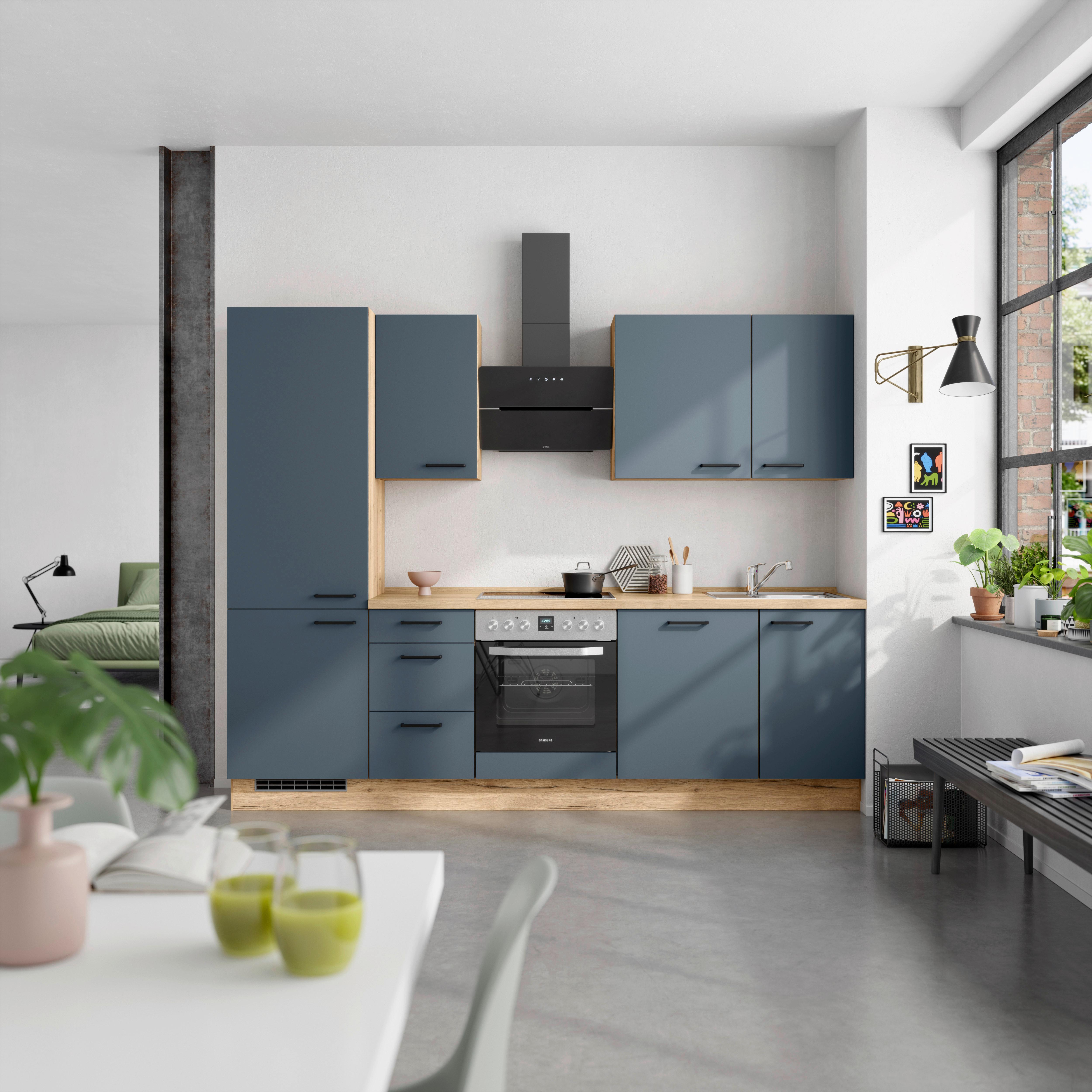 Küchenblock Easytouch High m. Geräten Dunkelblau - Eichefarben/Schwarz, MODERN, Holzwerkstoff/Metall (270cm) - Nobilia