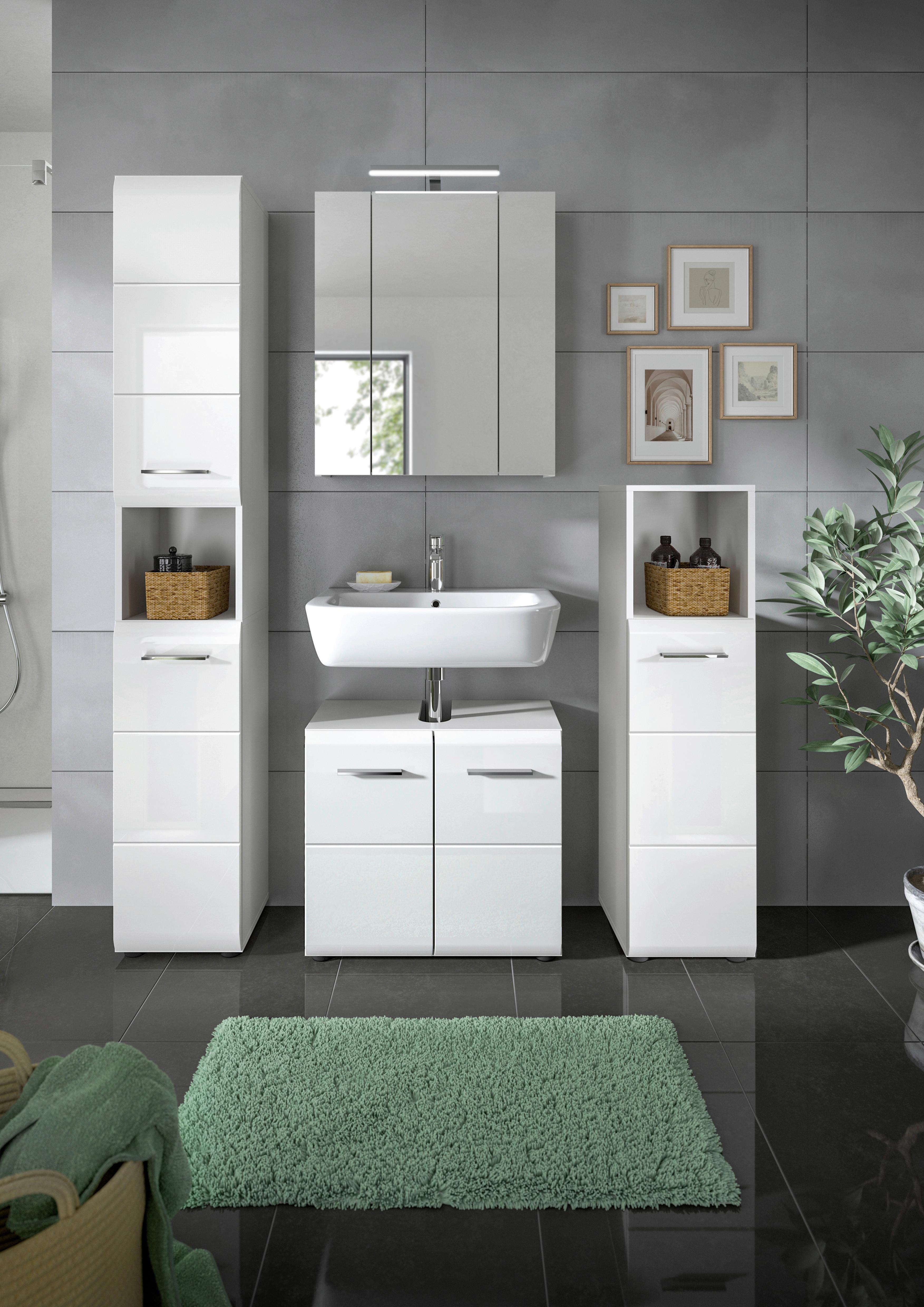 Badezimmer Ice 4-tlg. ca. 120 cm Weiß - Weiß Hochglanz/Silberfarben, MODERN, Holzwerkstoff/Kunststoff (120cm) - MID.YOU