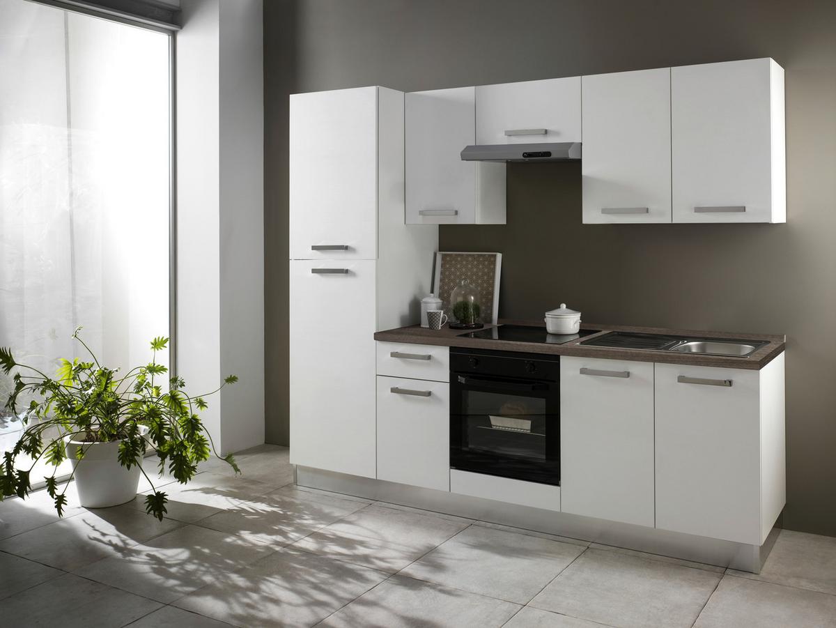 Küchenblock Belluna m. Geräten Weiß - Eiche dunkel/Alufarben, Basics, Holzwerkstoff/Kunststoff (250cm) - MID.YOU