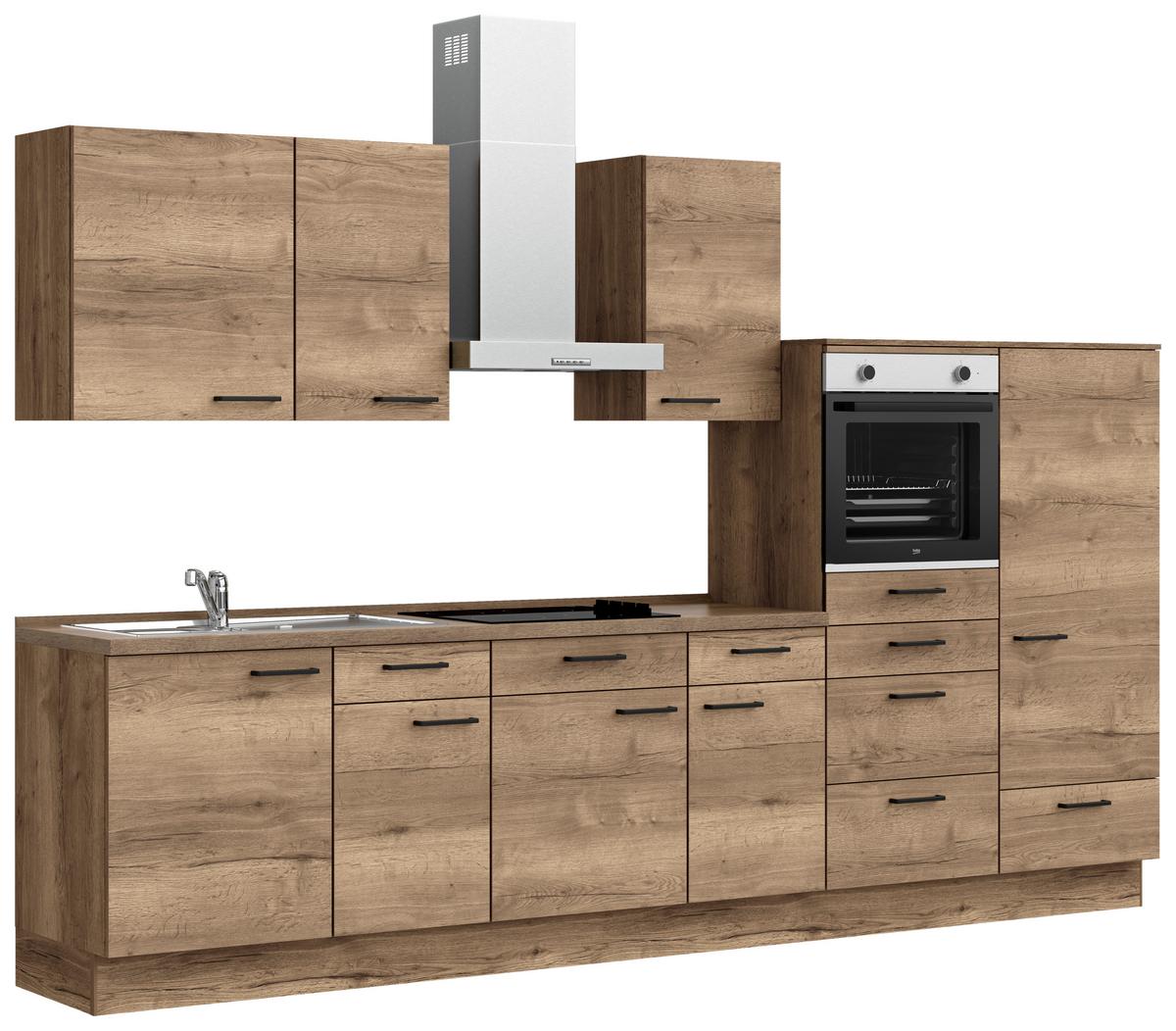 Küchenblock Structura Low m. Geräten Eiche dunkel - Eiche dunkel/Eichefarben, MODERN, Holzwerkstoff/Metall (330cm) - Nobilia