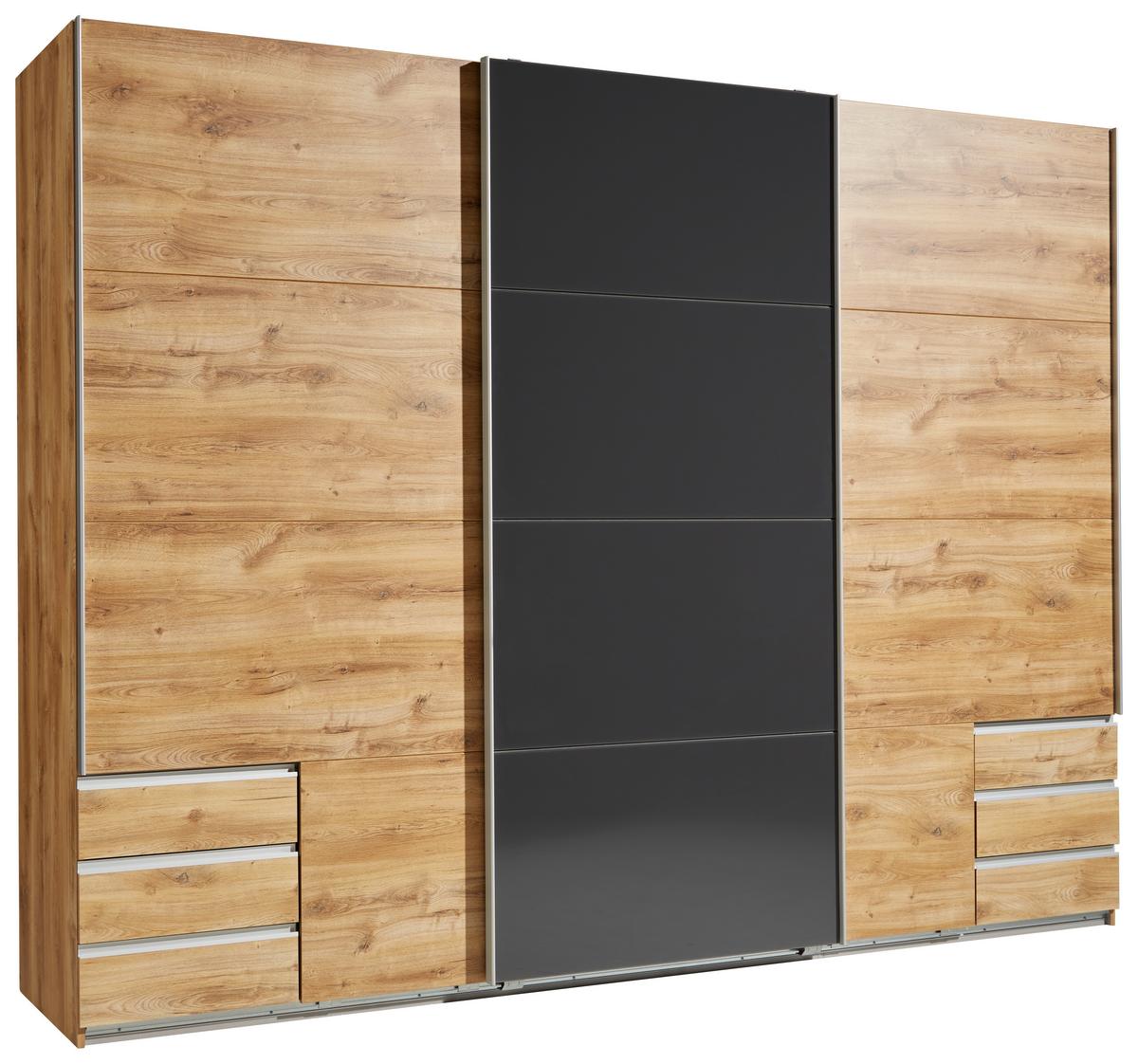 Dulap uși glisante Valencia L/H/A: cca. 270x210x65cm - culoare lemn stejar/gri, Konventionell, material pe bază de lemn (270/210/65cm) - Mömax