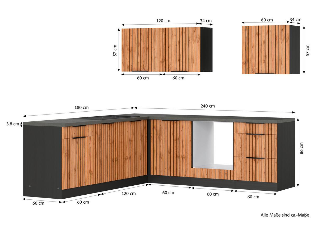Eckküche Liverpool o. Geräte ca. 240x240cm Graphit/Eiche - Schieferfarben/Eiche Wotan, Basics, Holzwerkstoff/Metall (240/240cm) - Held