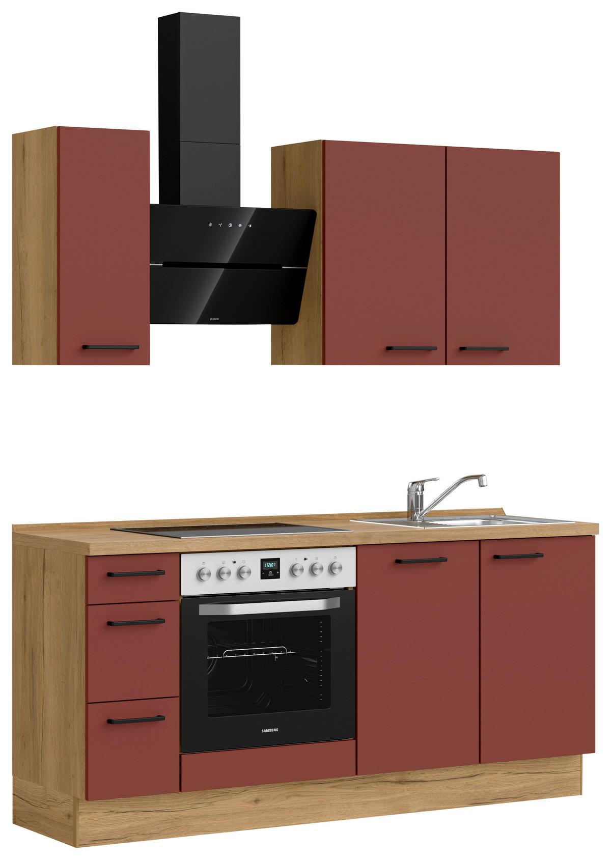 Küchenblock Easytouch High m. Geräten Dunkelrot - Eichefarben/Schwarz, MODERN, Holzwerkstoff/Metall (180cm) - Nobilia