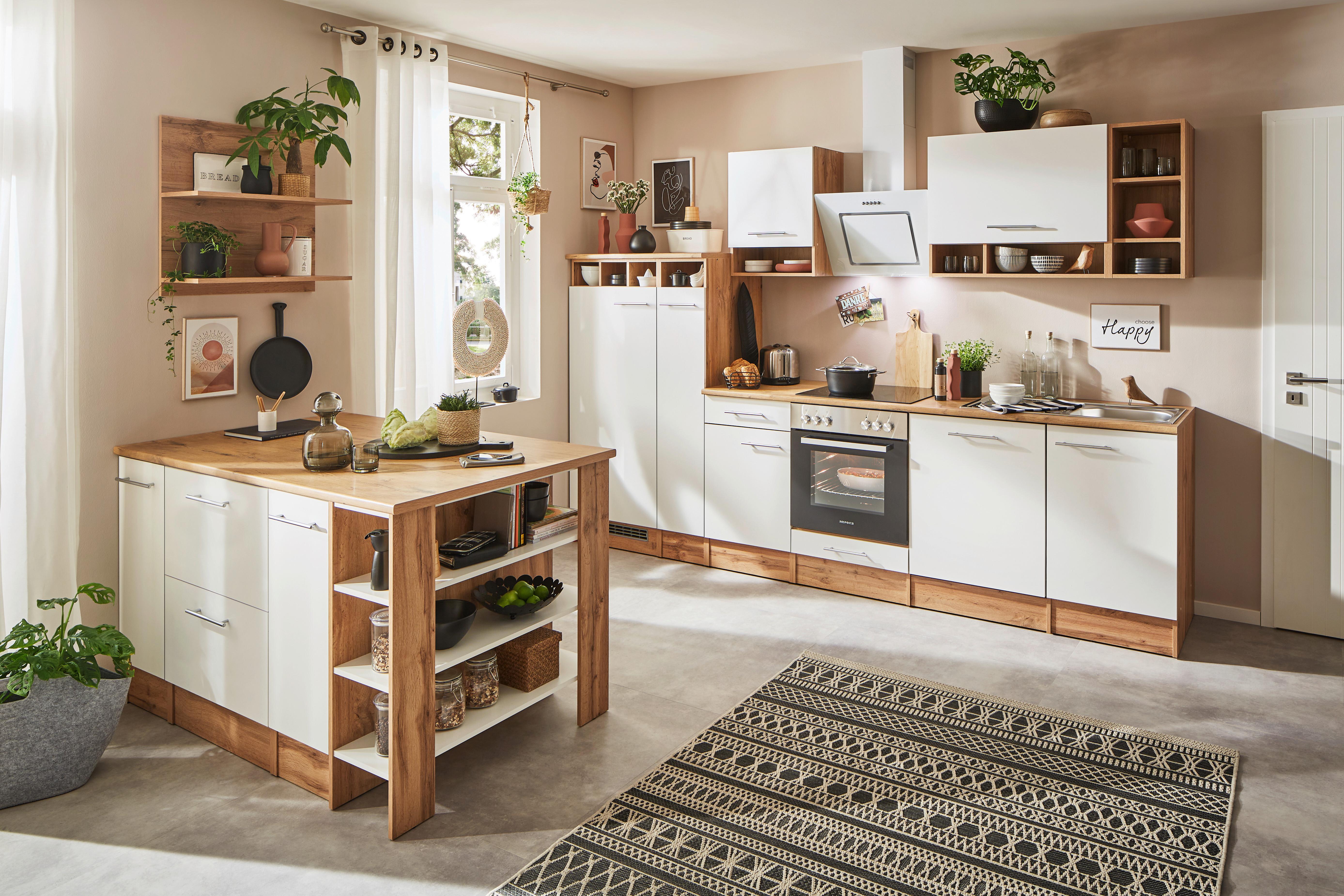 Küchenblock Hilde m. Insel m. Geräten ca.310cm Eiche/Grau - Wildeiche/Alufarben, Design, Holzwerkstoff/Metall (310-150cm) - Respekta