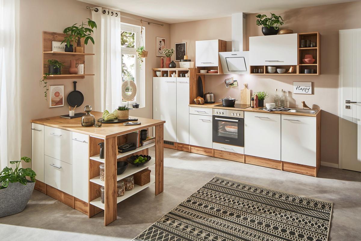 Küchenblock Hilde m. Insel m. Geräten ca.310cm Eiche/Grau - Wildeiche/Alufarben, Design, Holzwerkstoff/Metall (310-150cm) - Respekta