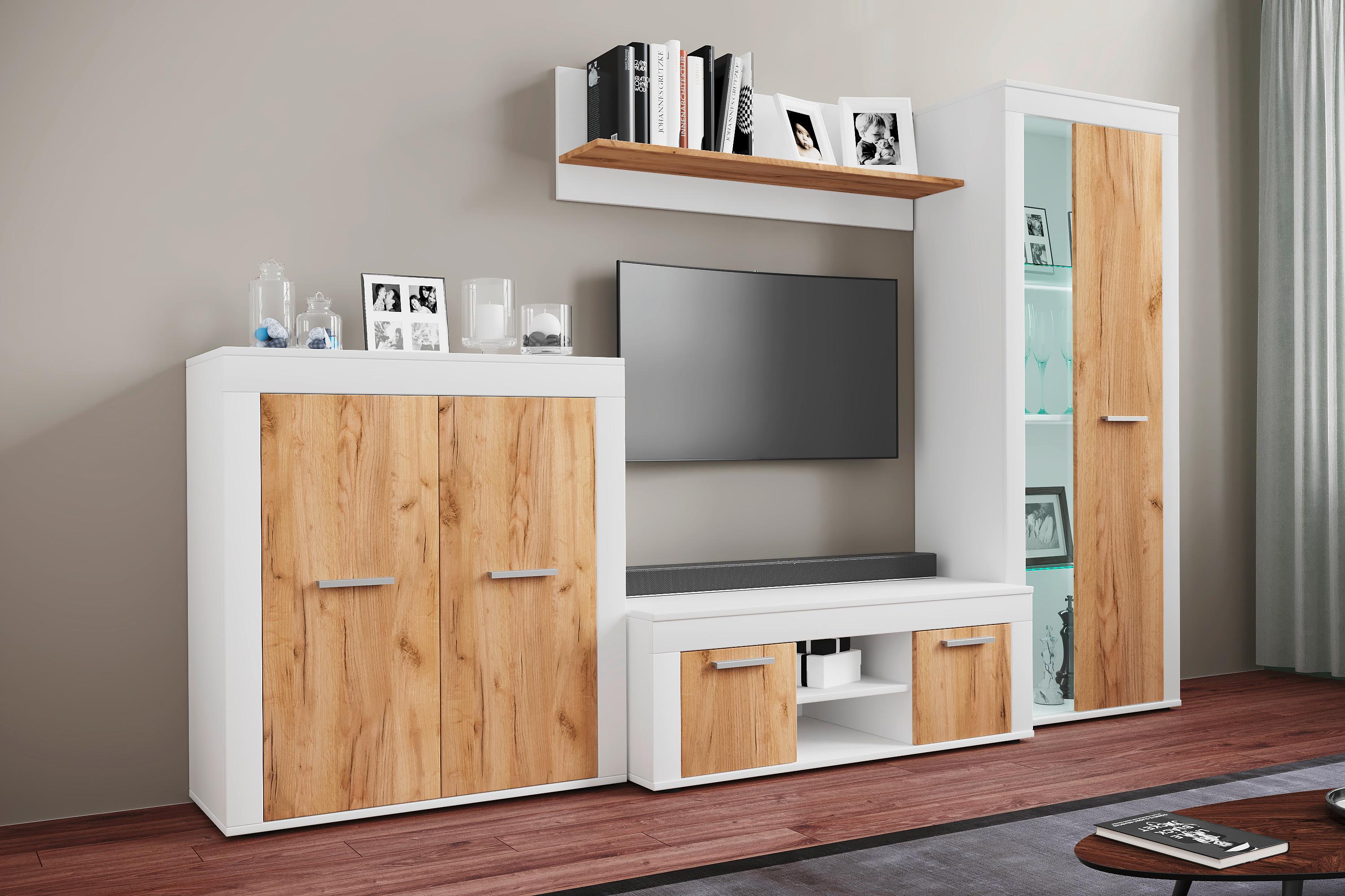 WOHNWAND USILO L WW - Honigeiche/Weiss, Design, Glas/Holzwerkstoff (242/159/37cm) - MID.YOU