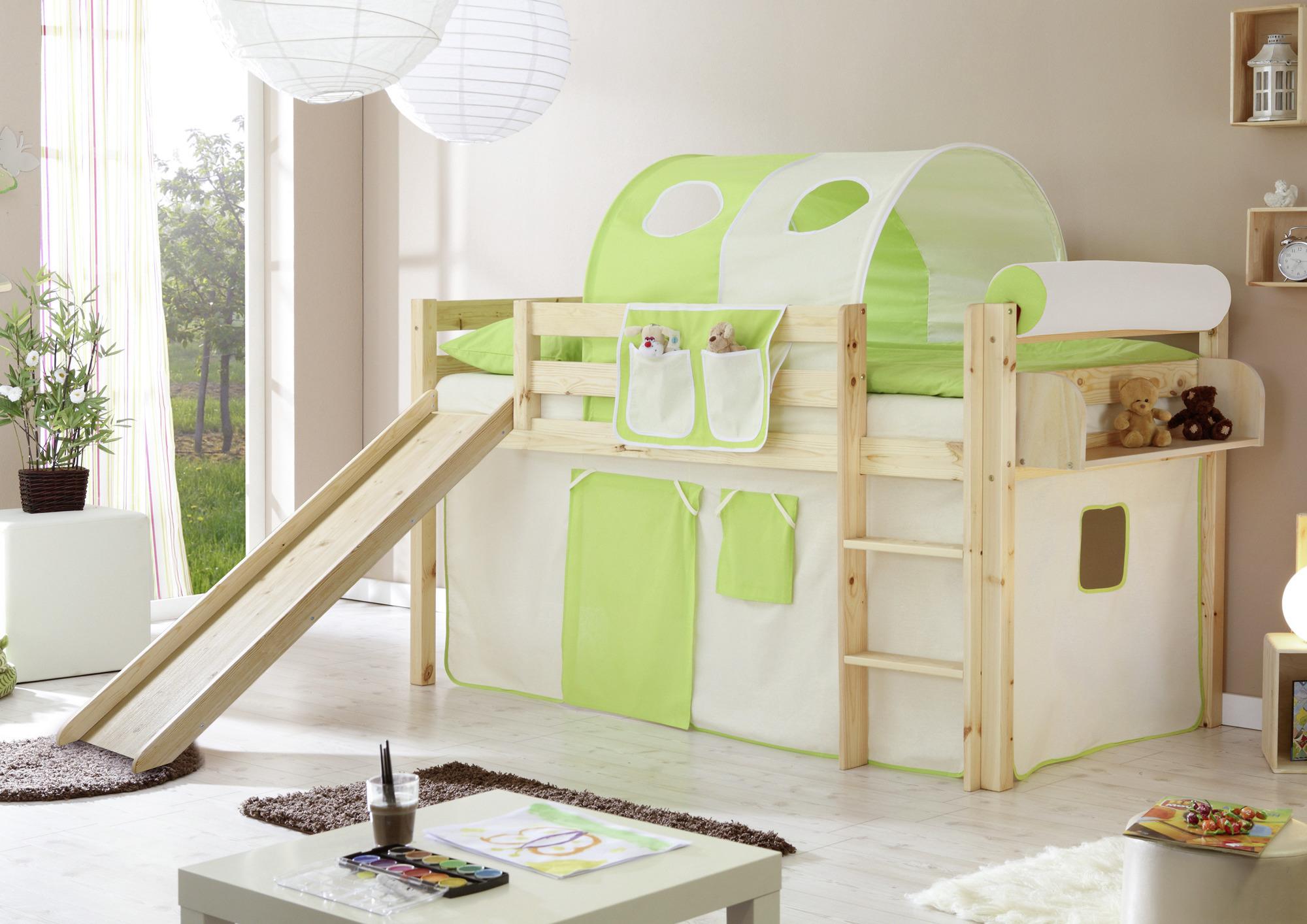 Spielbett "Manuel",aus Kiefer, grün/beige/kieferfarben - Beige/Kieferfarben, Natur, Holz (90/200cm) - MID.YOU