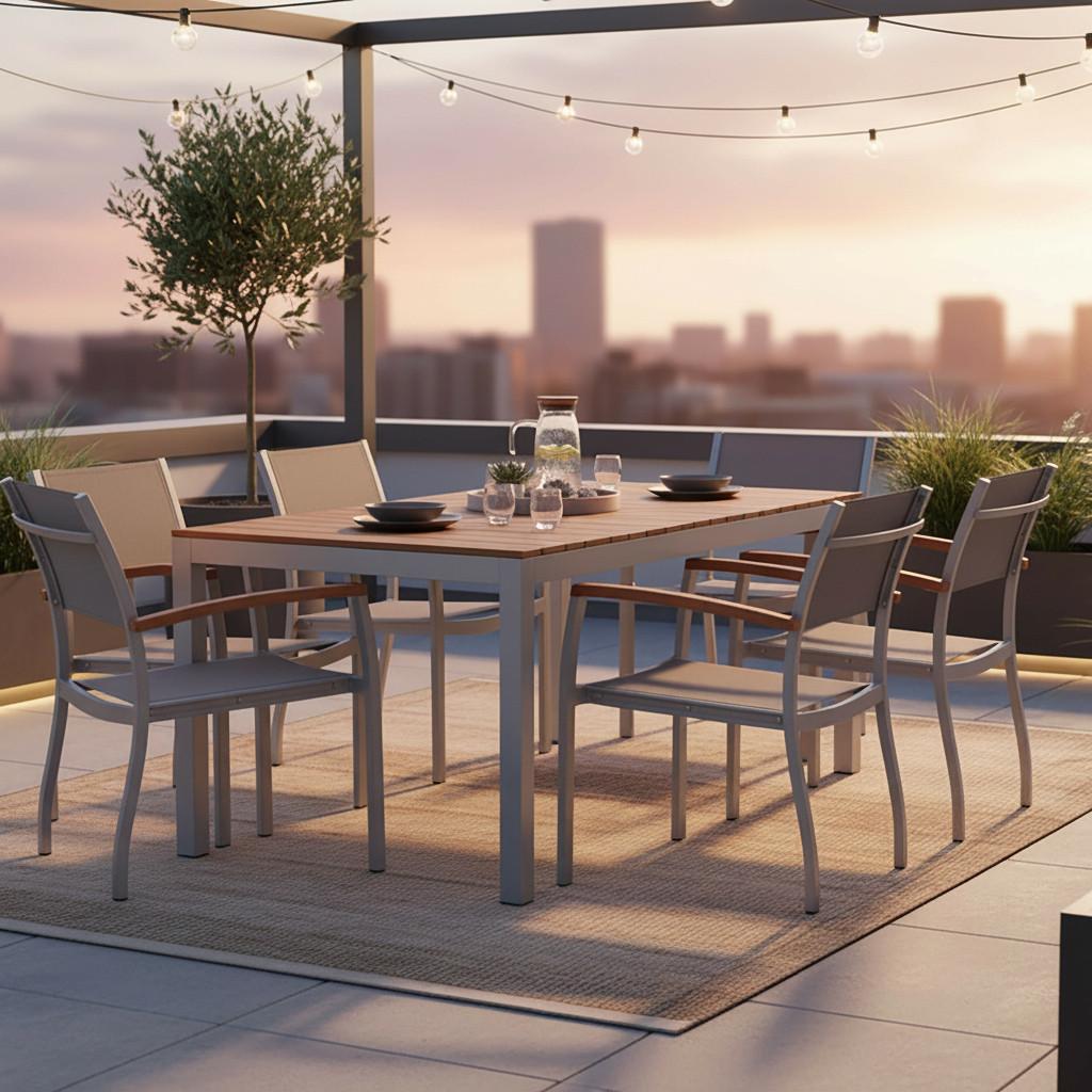 Gartentischgruppe Naxos 7-tlg. Grau/Akaziefarben - Silberfarben/Grau, ROMANTIK / LANDHAUS, Holz/Textil (90/150/74cm) - Gardenson