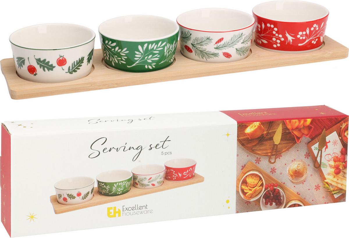 Set de boluri pentru servire Mistletoe - multicolor, Basics, ceramică/lemn (10/5/38cm)