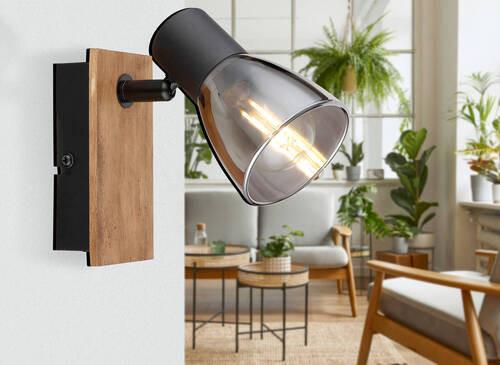 Strahler Claude in Schwarz max. 40 Watt - Dunkelbraun/Schwarz, Natur, Glas/Holz (7/15,5/14cm) - Globo