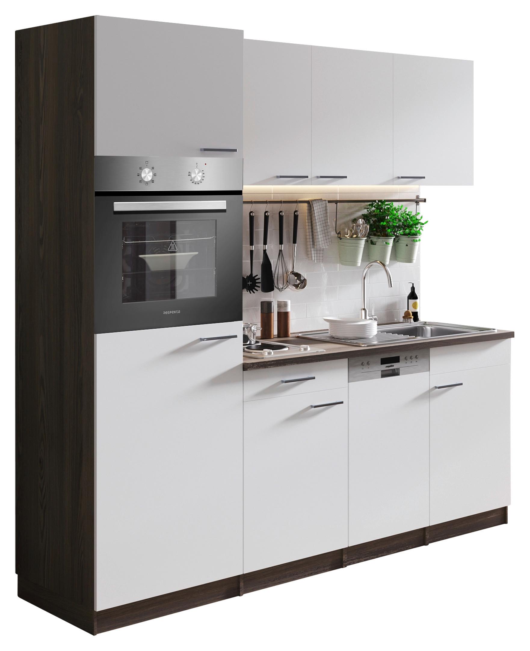 Küchenblock Oliver mit Geräten ca. 205 cm Weiß - Eichefarben/Alufarben, Basics, Holzwerkstoff/Kunststoff (205cm) - Respekta