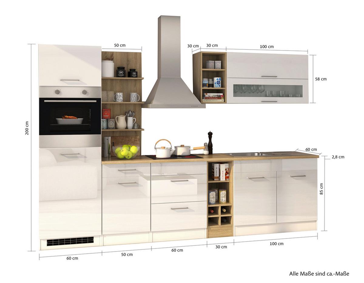 Küchenleerblock Mailand m. Geräte Weiß Hochglanz - Weiß Hochglanz/Silberfarben, MODERN, Holzwerkstoff/Metall (300cm) - Held