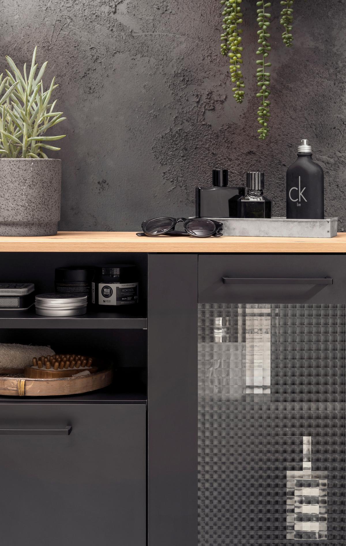 Unterschrank Malte Schwarz/Eiche Artisan - Schwarz, MODERN, Glas/Holzwerkstoff (80,4/70/32cm) - MID.YOU